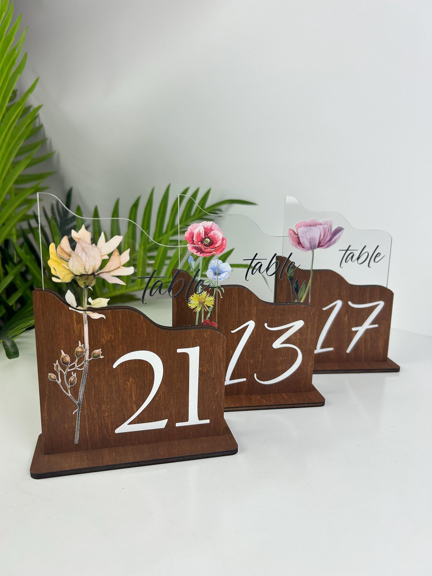 Modern wedding table numbers, wood table number set, wedding table decor, wildflower numbers set, clear table number, table decorations