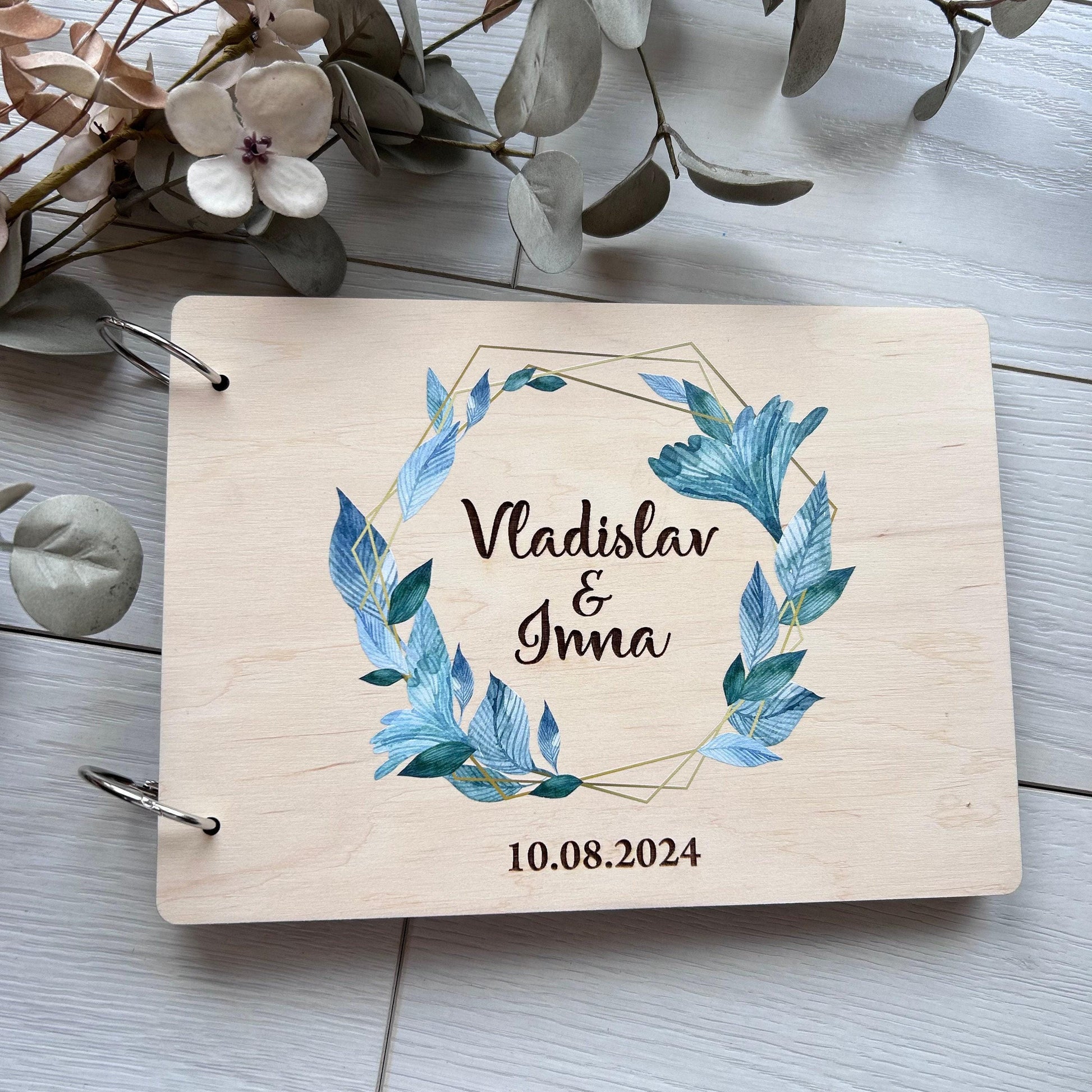 Flowers wedding photo album, wedding guest book, photo booth guest book, wedding flower album, bridal boho guest book, wood photo guestbook