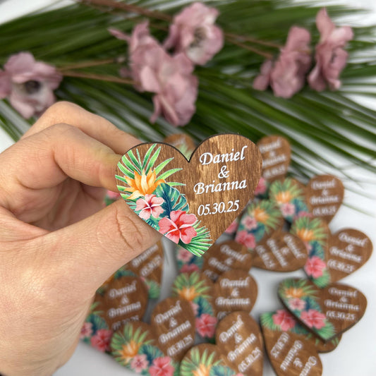 Wedding heart shaped pins, Rustic guests boutonnieres, Tropical wedding, Wedding guest gift
