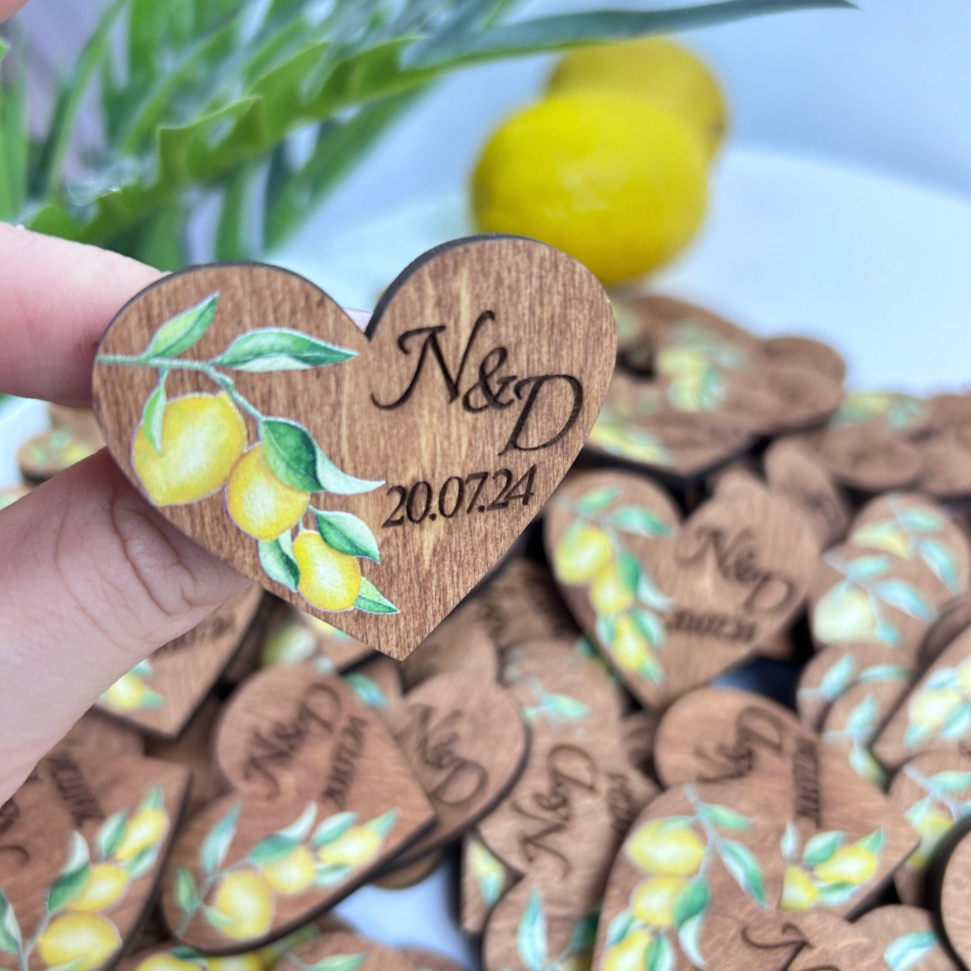 Yellow wedding boutonnieres, custom wedding pins, personalized wooden boutonnieres, heart shaped tags, engraved name pin, custom initial tag
