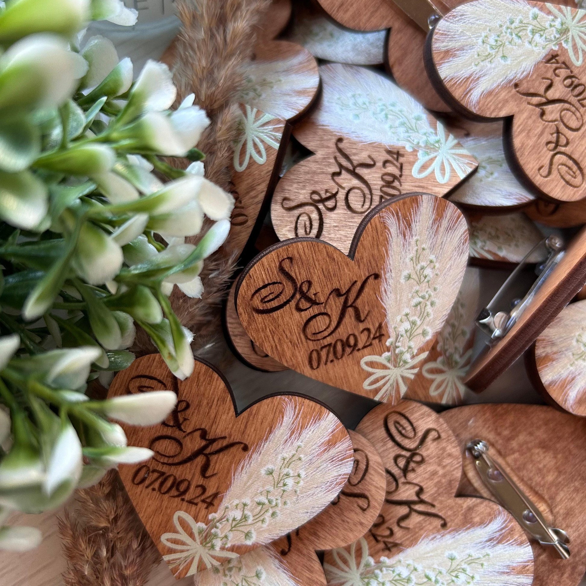 Boho groomsmen pocket boutonniere, wedding lapel pin, wooden heart brooch, custom name tag