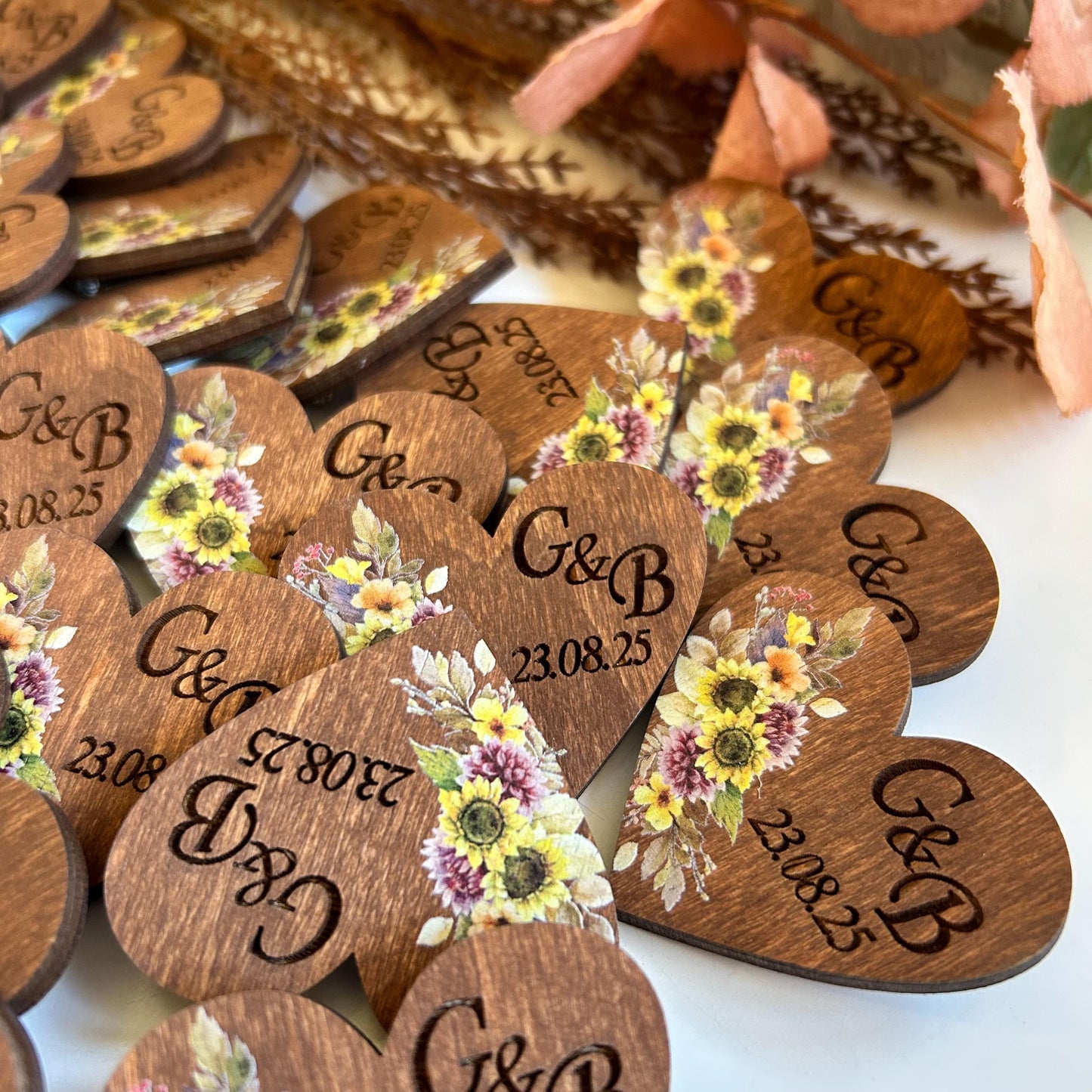 Sunflower Heart Pins – Wedding Date Hearts, Engraved Wooden Name Tags, Heart Shaped Rustic Wedding Pins