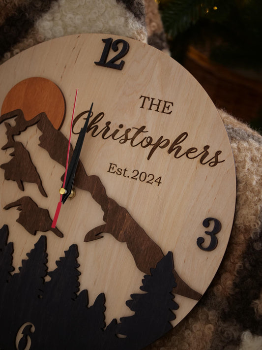 Large Mountain Wall Clock, Custom Last Name Sign & 5th Anniversary Gift