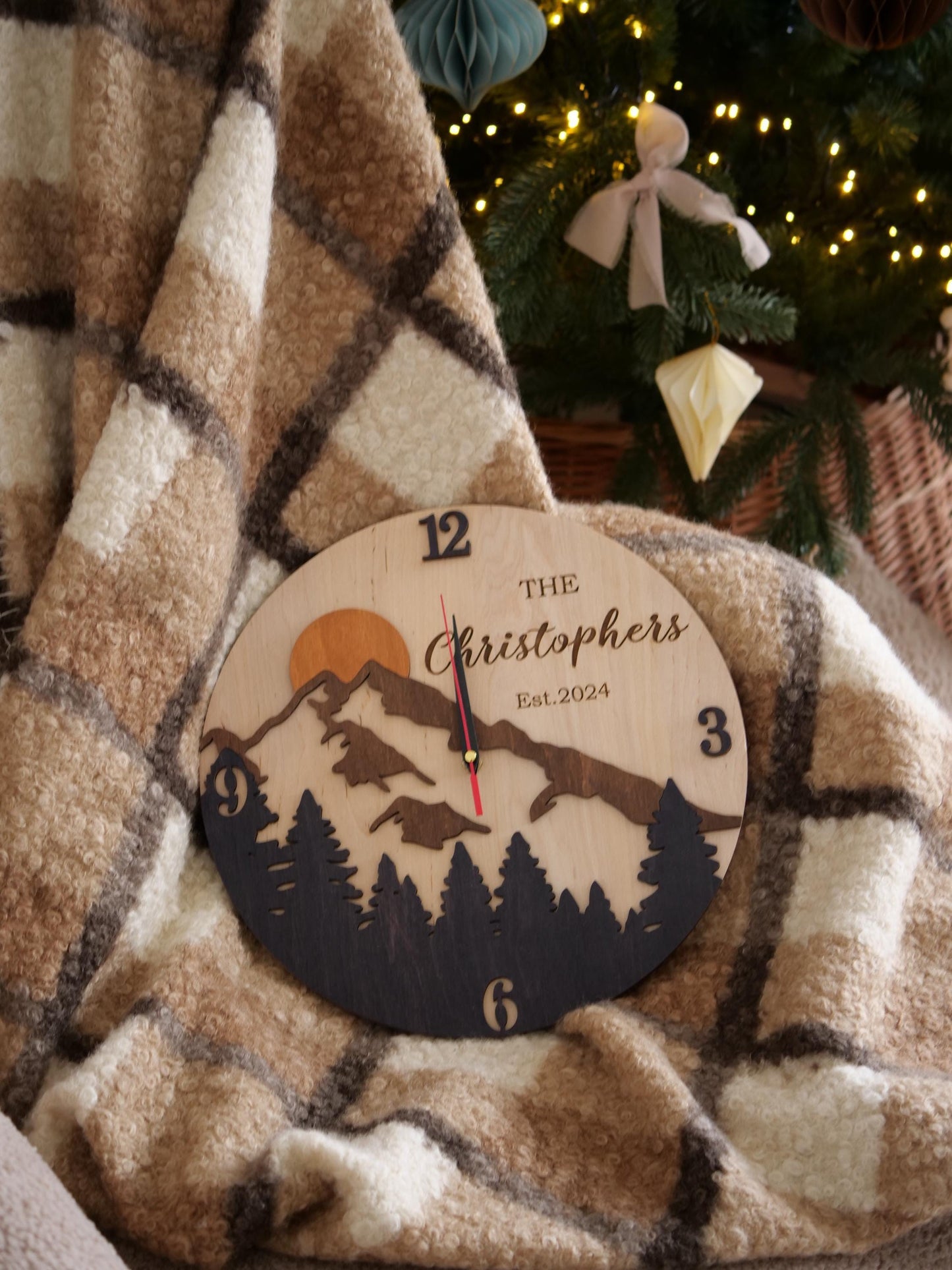 Large Mountain Wall Clock, Custom Last Name Sign & 5th Anniversary Gift