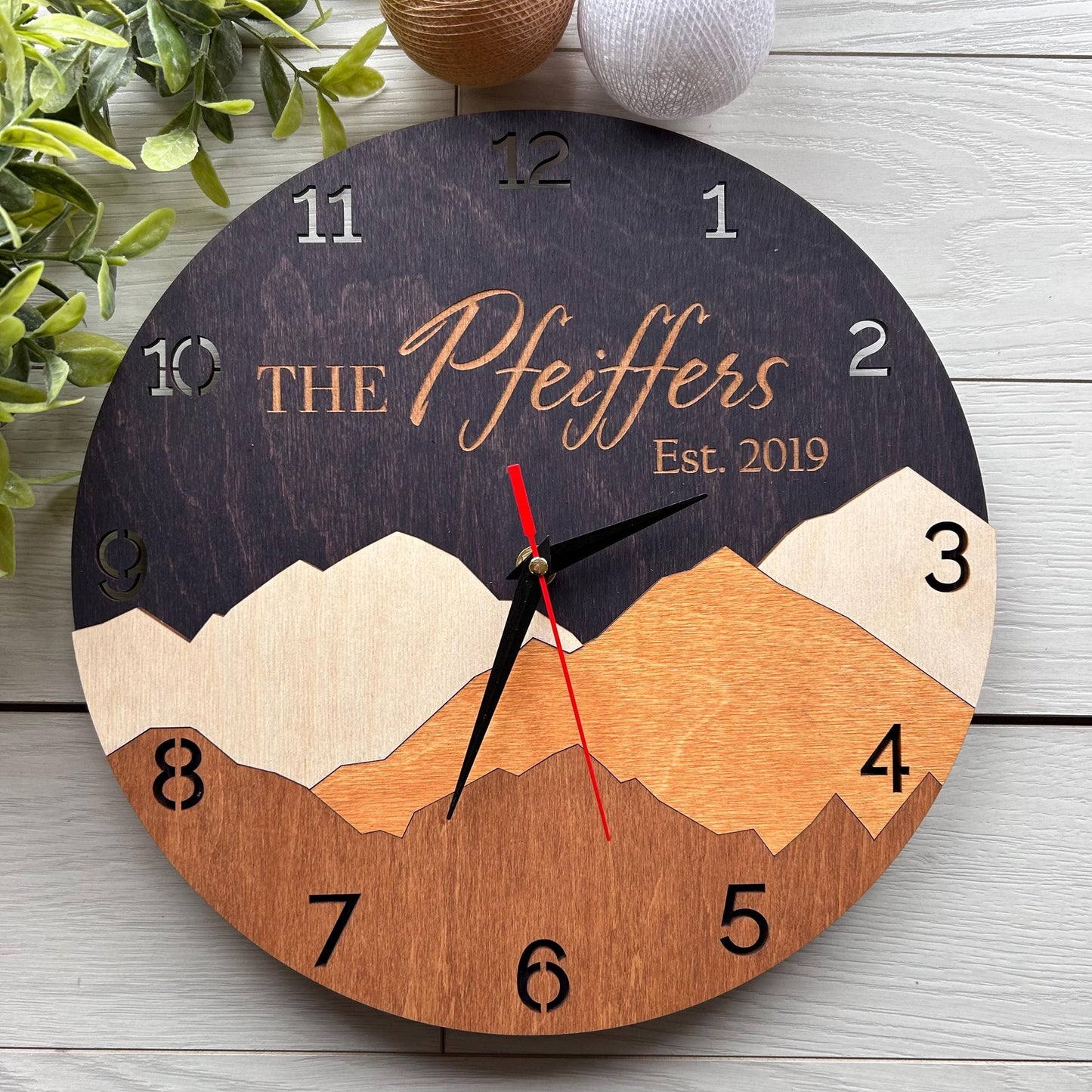 Large Mountain Wall Clock, Custom Last Name Sign & 5th Anniversary Gift