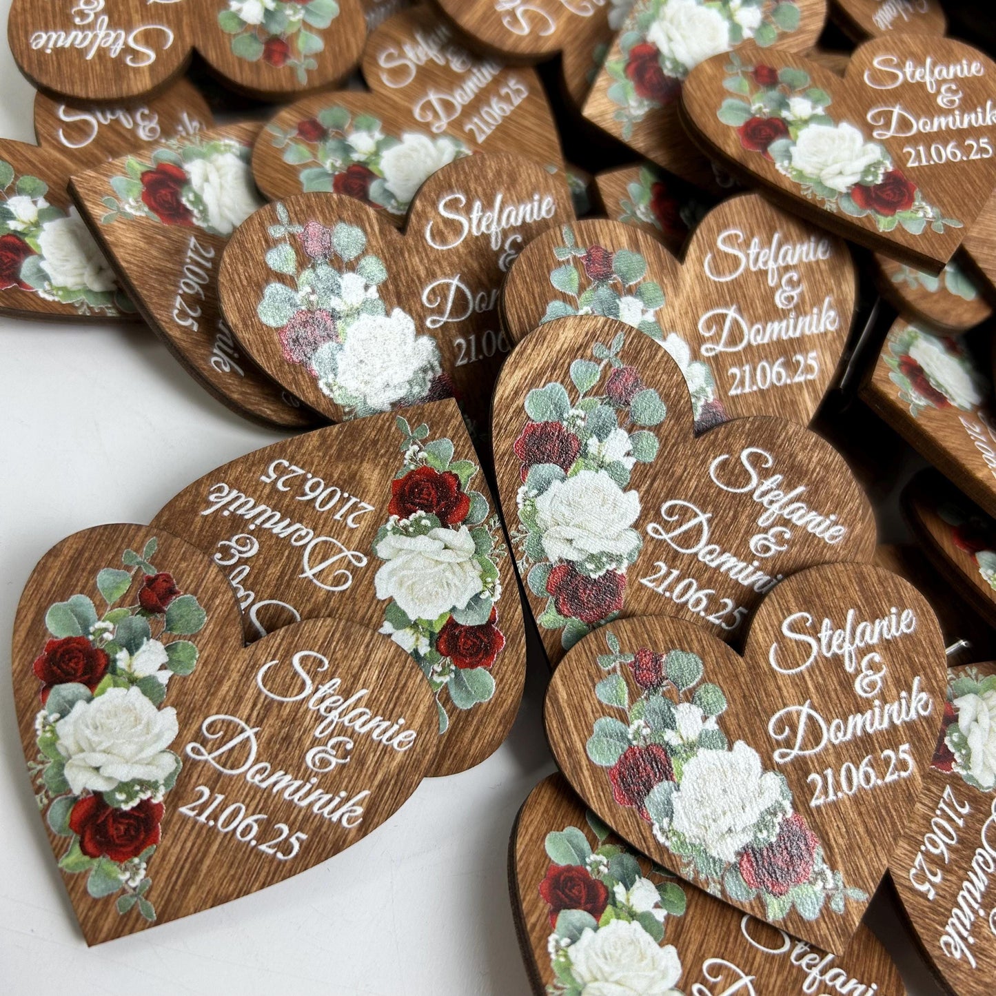 Engraved Wooden Heart Boutonnieres, Burgundy Floral Wedding Favors