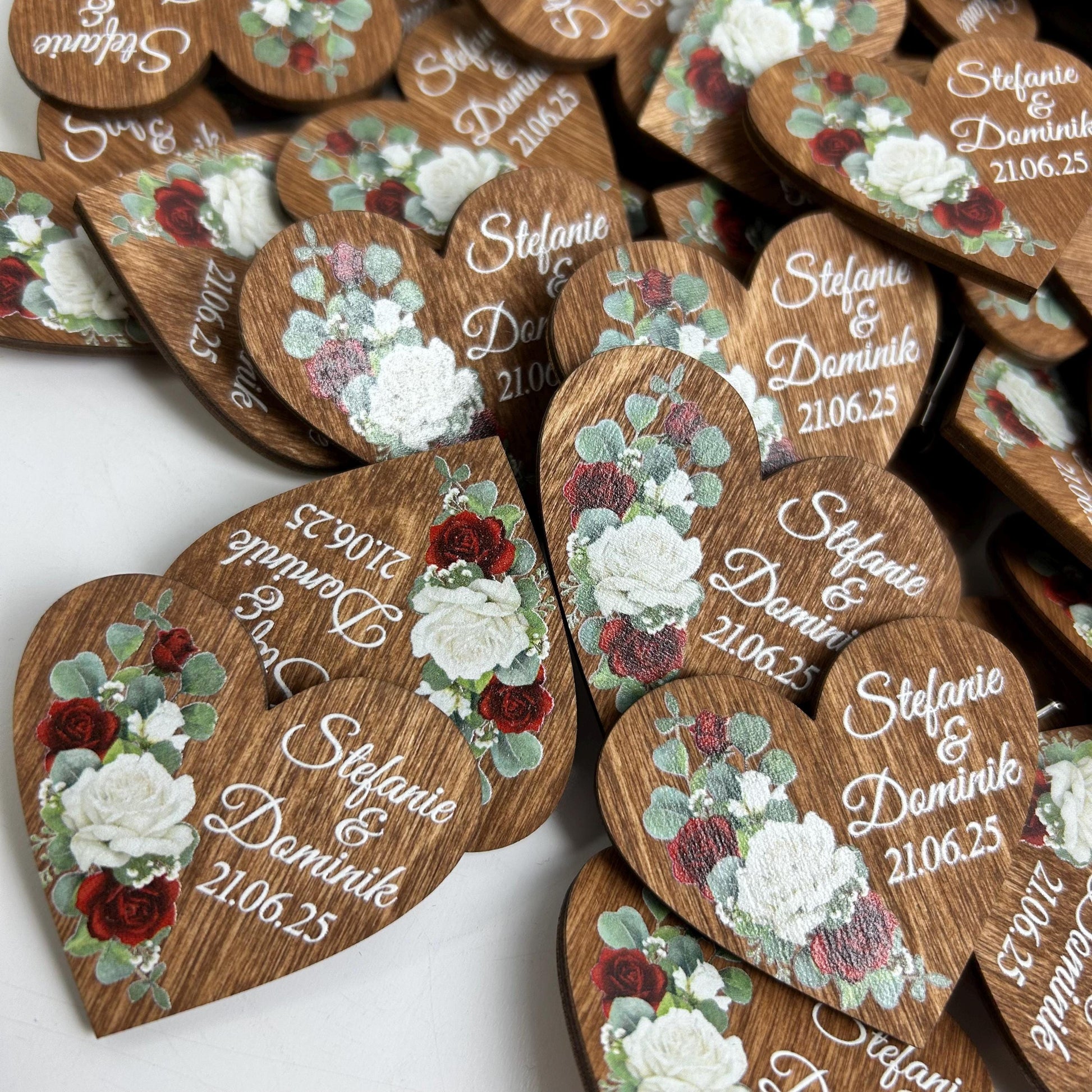 Engraved Wooden Heart Boutonnieres, Burgundy Floral Wedding Favors