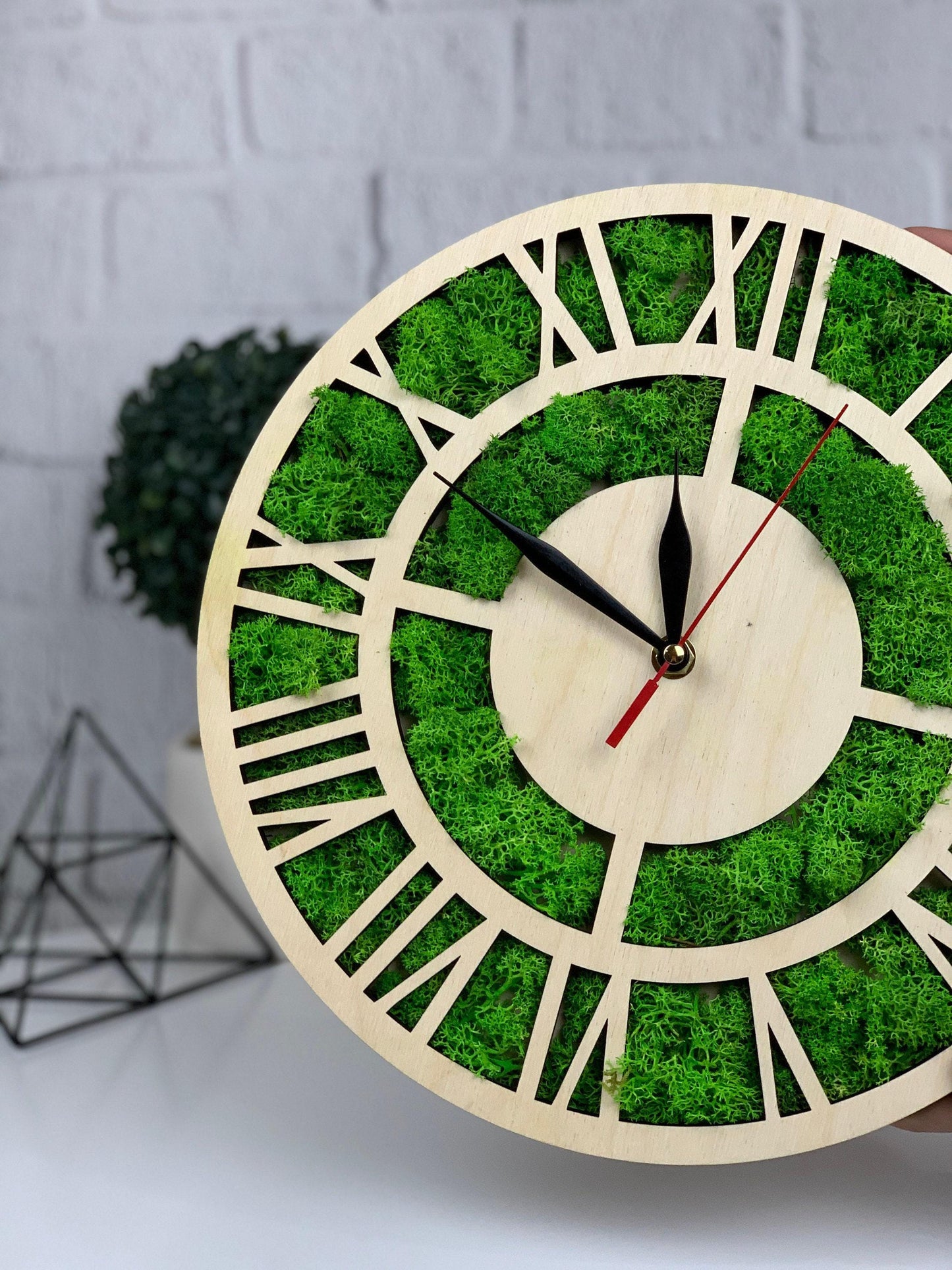 Large wall clock with moss, wood wall clock, wall moss art, rustic wood clock, minimalist clock, living room decor, housewarming gift