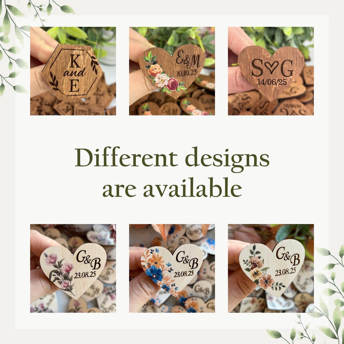 Wooden Engraved Wedding Hearts, Custom Save The Date Pins And Unique Guest Boutonnieres