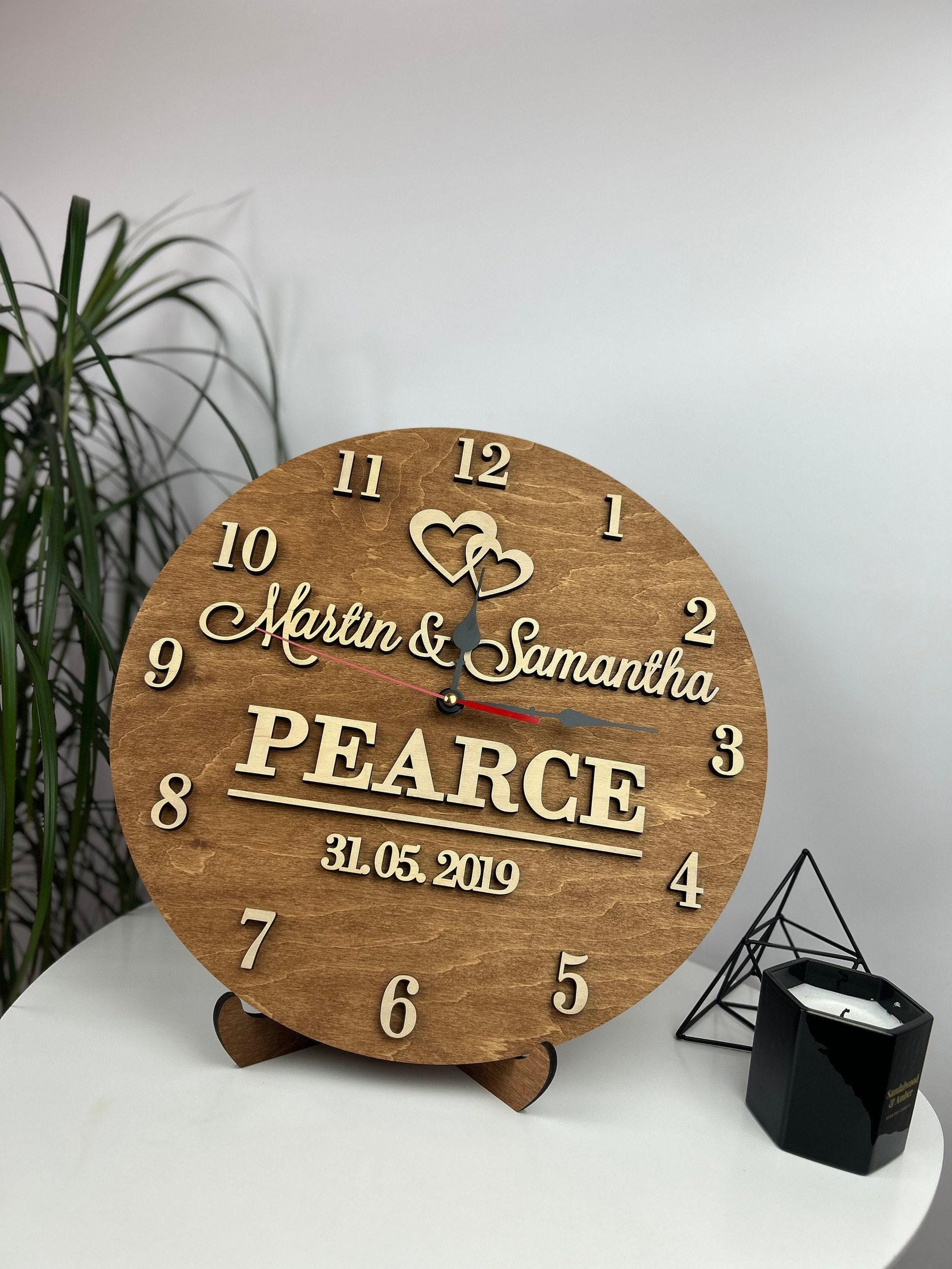 Boho wood engraved clock, personalized family name clock, ideas clock decor, handmade wood clock, custom name clock, housewarming ideas