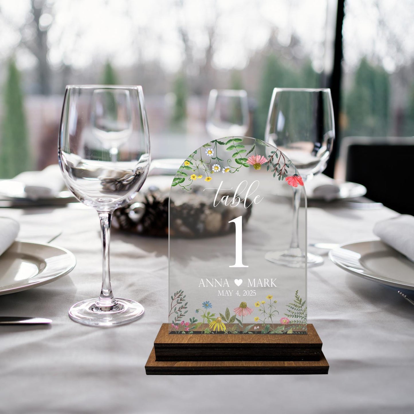 Clear flower table number, number with stand, wildflower numbers, table number set, wedding table floral number, wedding table decor