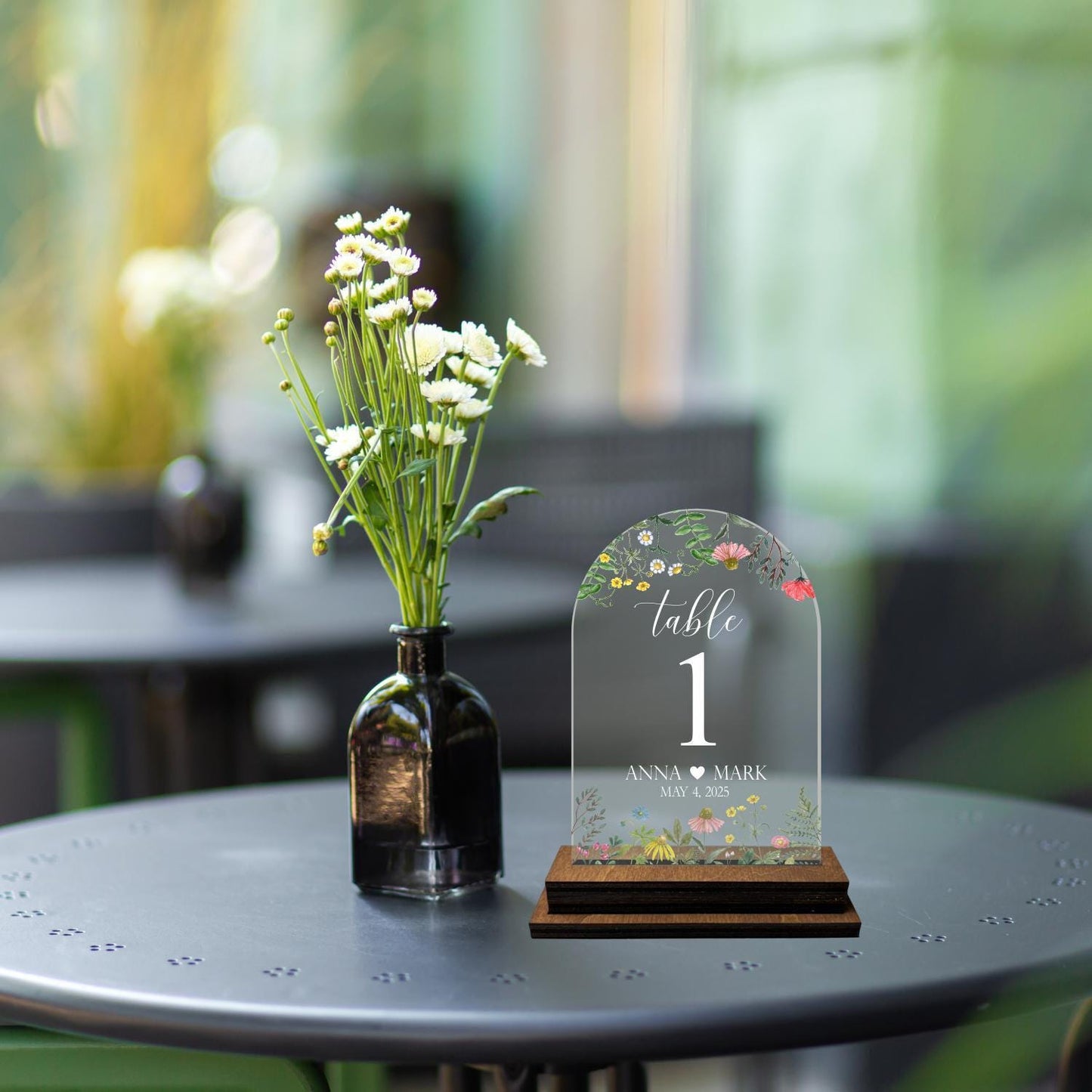 Clear flower table number, number with stand, wildflower numbers, table number set, wedding table floral number, wedding table decor