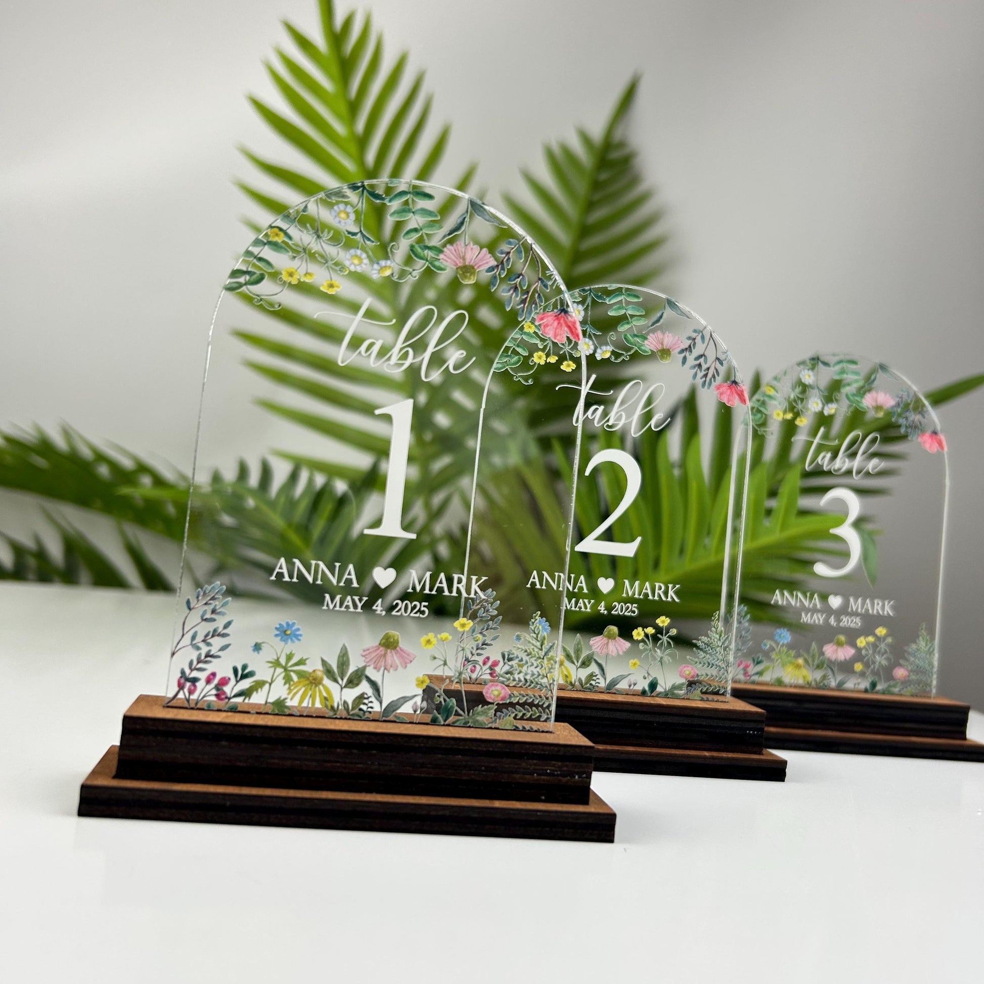 Clear flower table number, number with stand, wildflower numbers, table number set, wedding table floral number, wedding table decor