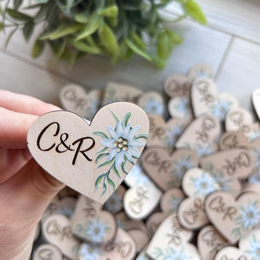 Green flower boutonniere, heart shaped pins, guests boutonnieres, green flower pins, custom wedding guest favors, boho personalized pins