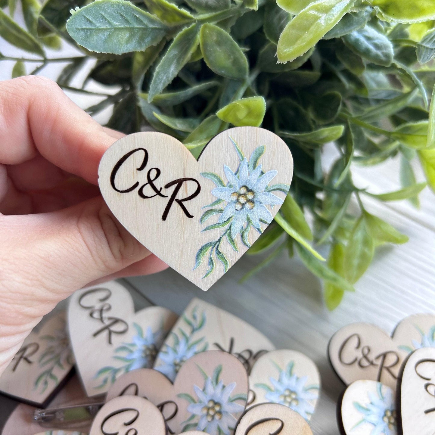 Green flower boutonniere, heart shaped pins, guests boutonnieres, green flower pins, custom wedding guest favors, boho personalized pins