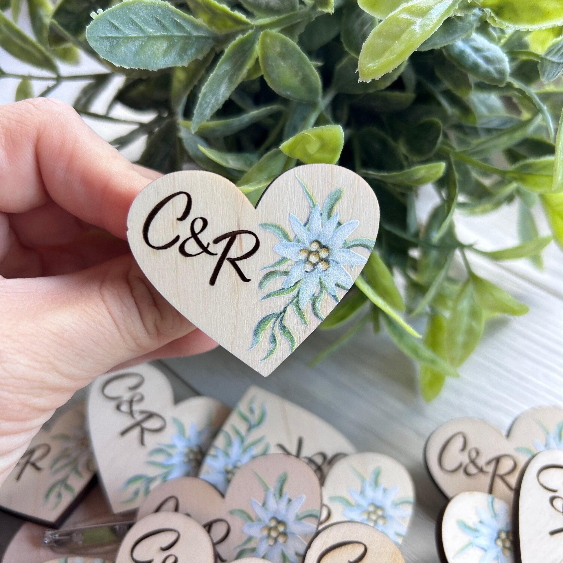 Green flower boutonniere, heart shaped pins, guests boutonnieres, green flower pins, custom wedding guest favors, boho personalized pins
