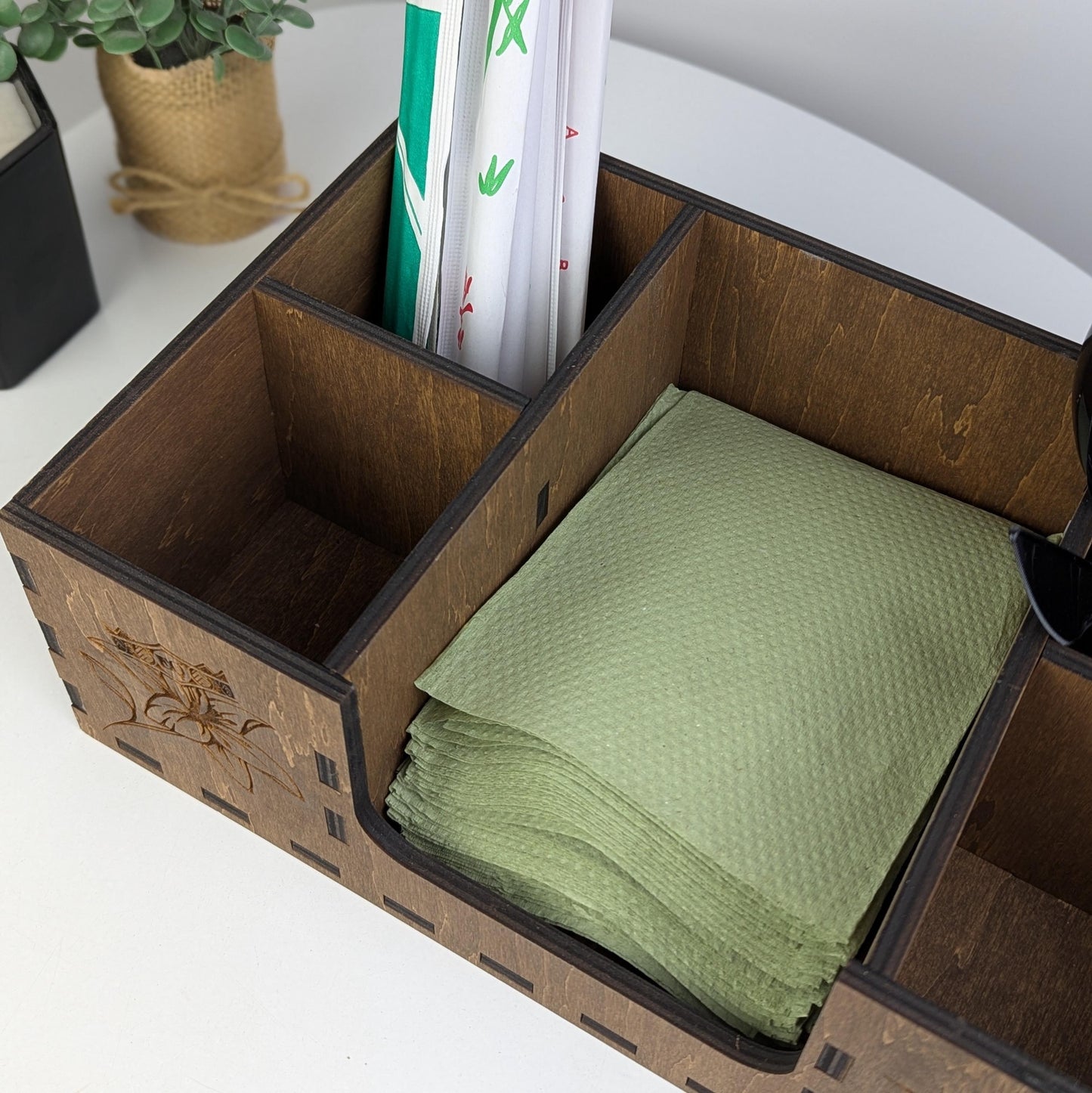 Coffee Station Organizer, Wood Napkin Holder, Custom Logo Gift, Countertop Storage