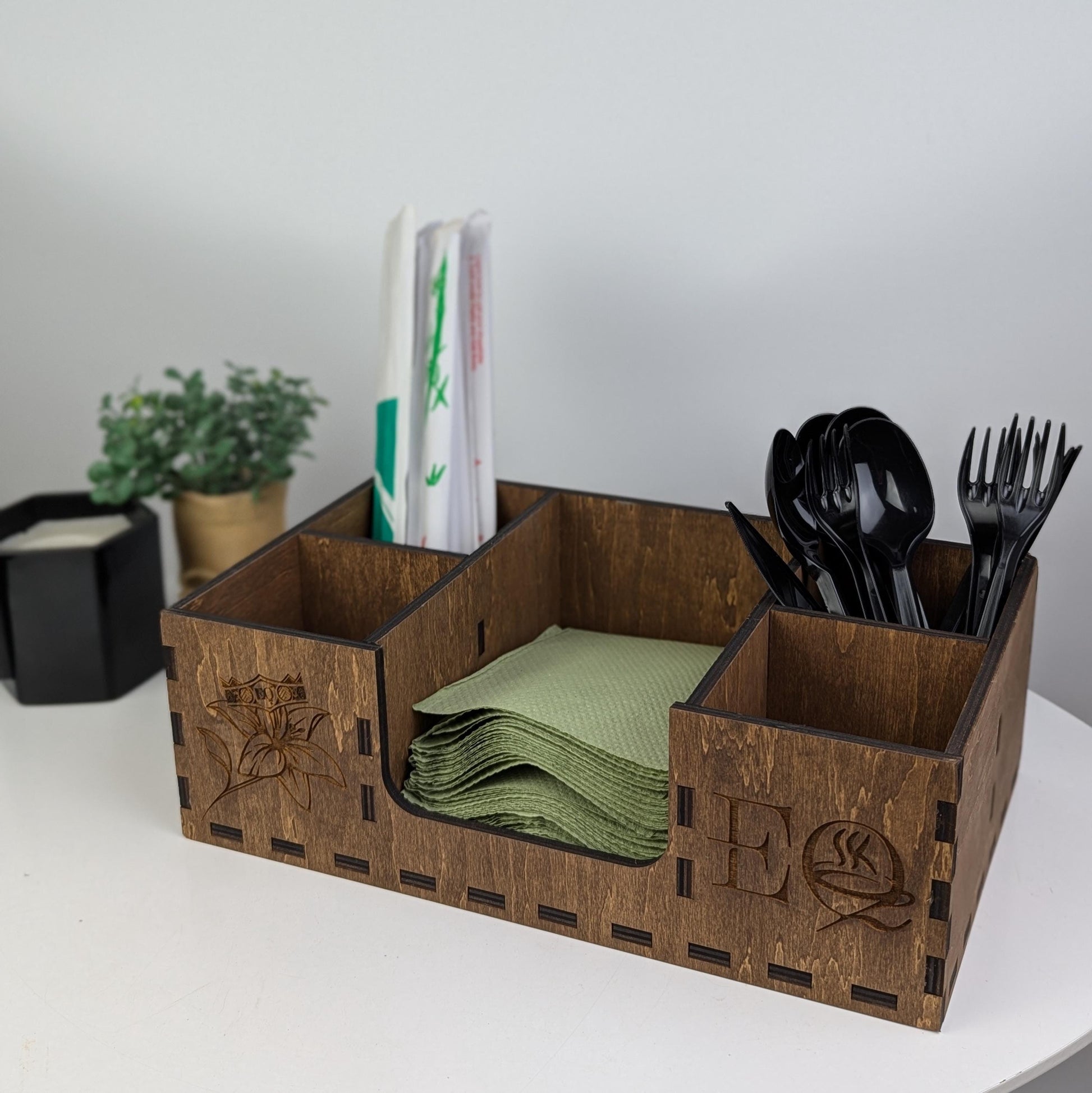 Coffee Station Organizer, Wood Napkin Holder, Custom Logo Gift, Countertop Storage