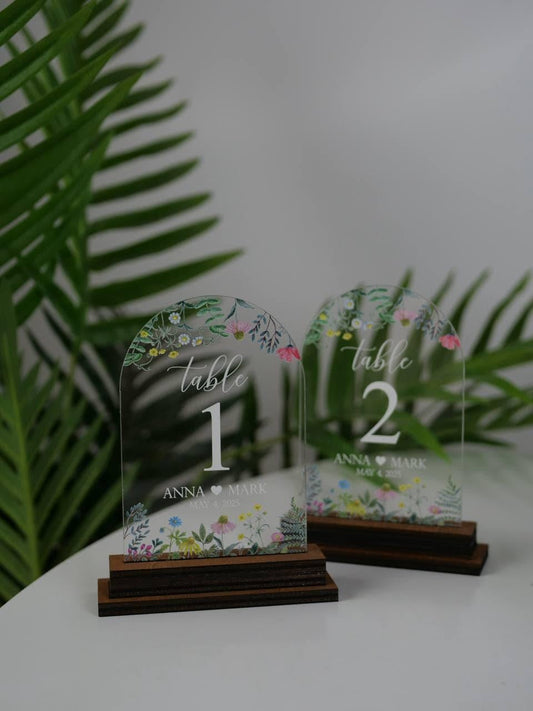 Wildflower bridal numbers set, wedding table number, table number set, clear table number, wedding table decor, arch floral table number