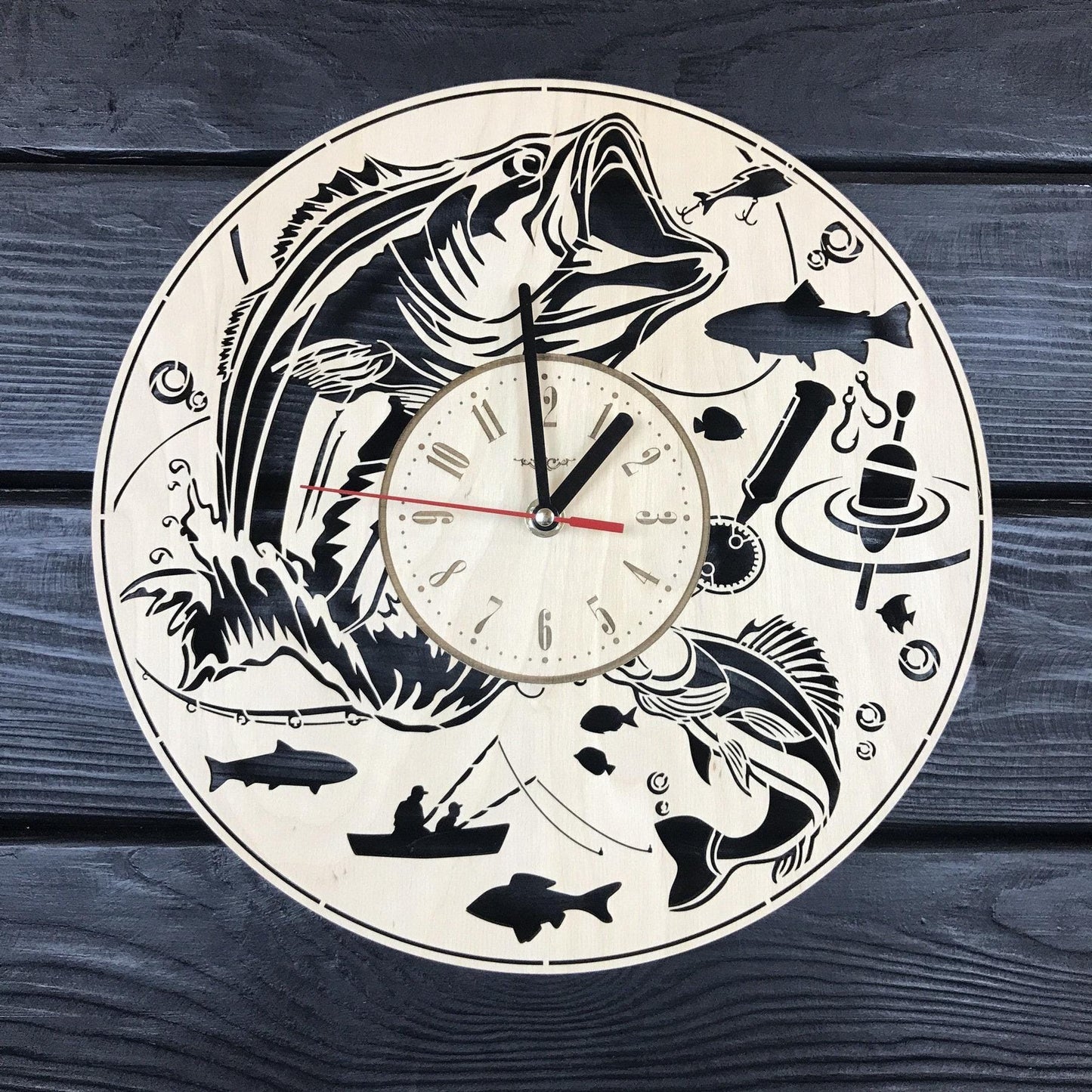 Fishing Wall Clock Wood Gift For Men Fisherman Gift 5th Anniversary Personalized Fishing Poster Wood Hanging Custom Fishing Wood Cutout