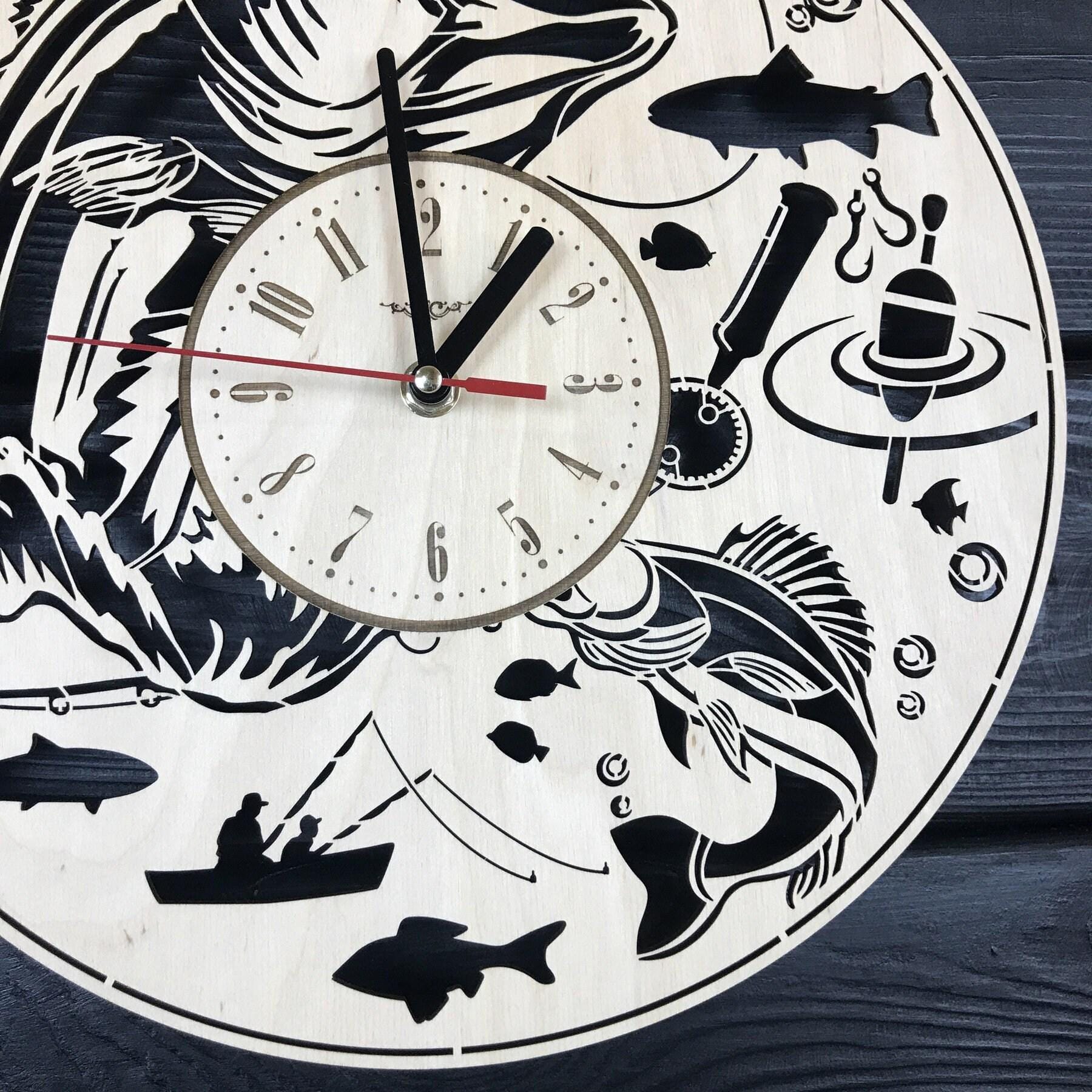 Fishing Wall Clock Wood Gift For Men Fisherman Gift 5th Anniversary Personalized Fishing Poster Wood Hanging Custom Fishing Wood Cutout