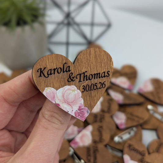 Floral Wedding Favor, Wooden Heart Boutonniere, Peony Pin, Unique Save the Date, Pocket Boutonniere