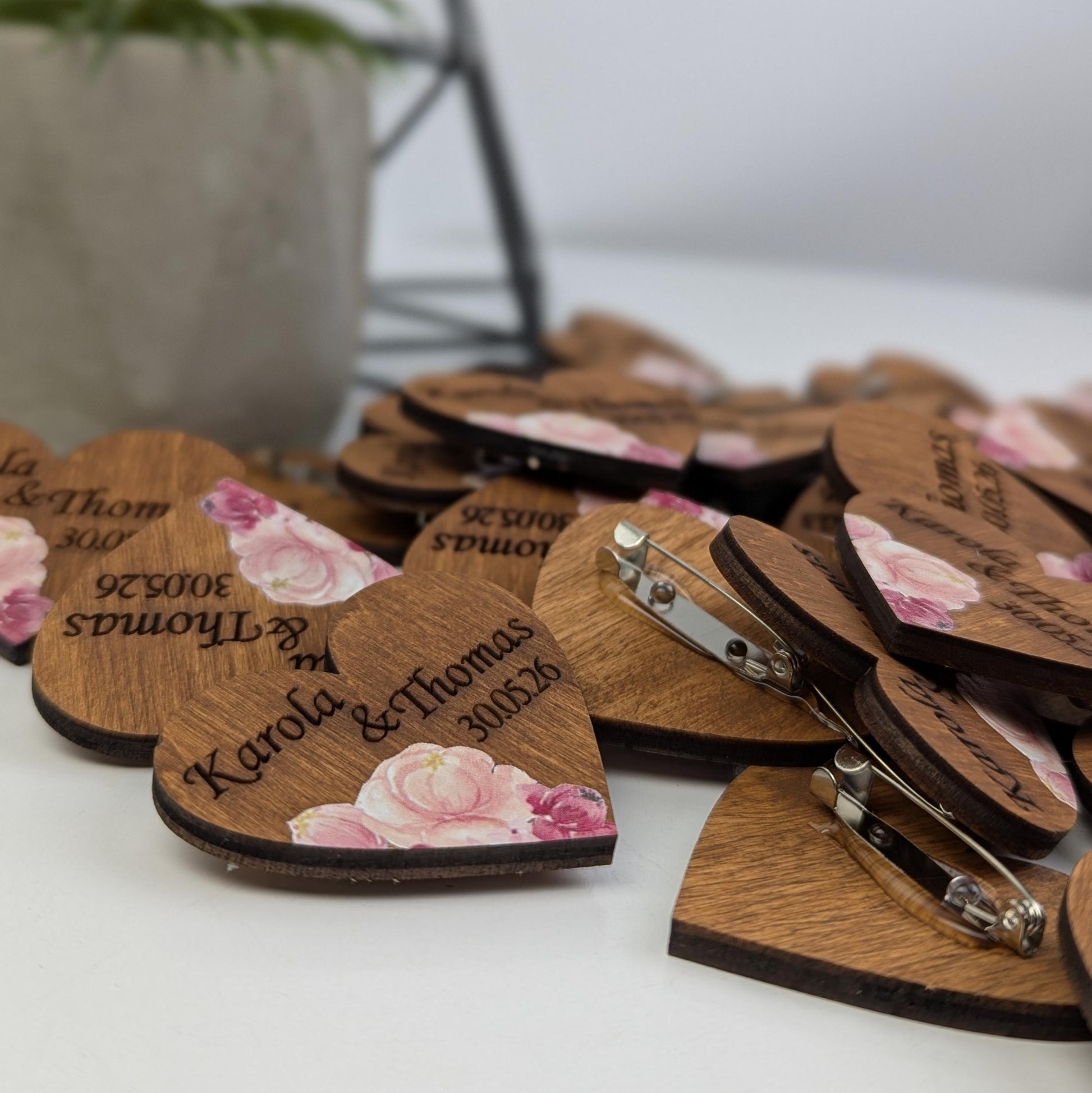 Floral Wedding Favor, Wooden Heart Boutonniere, Peony Pin, Unique Save the Date, Pocket Boutonniere
