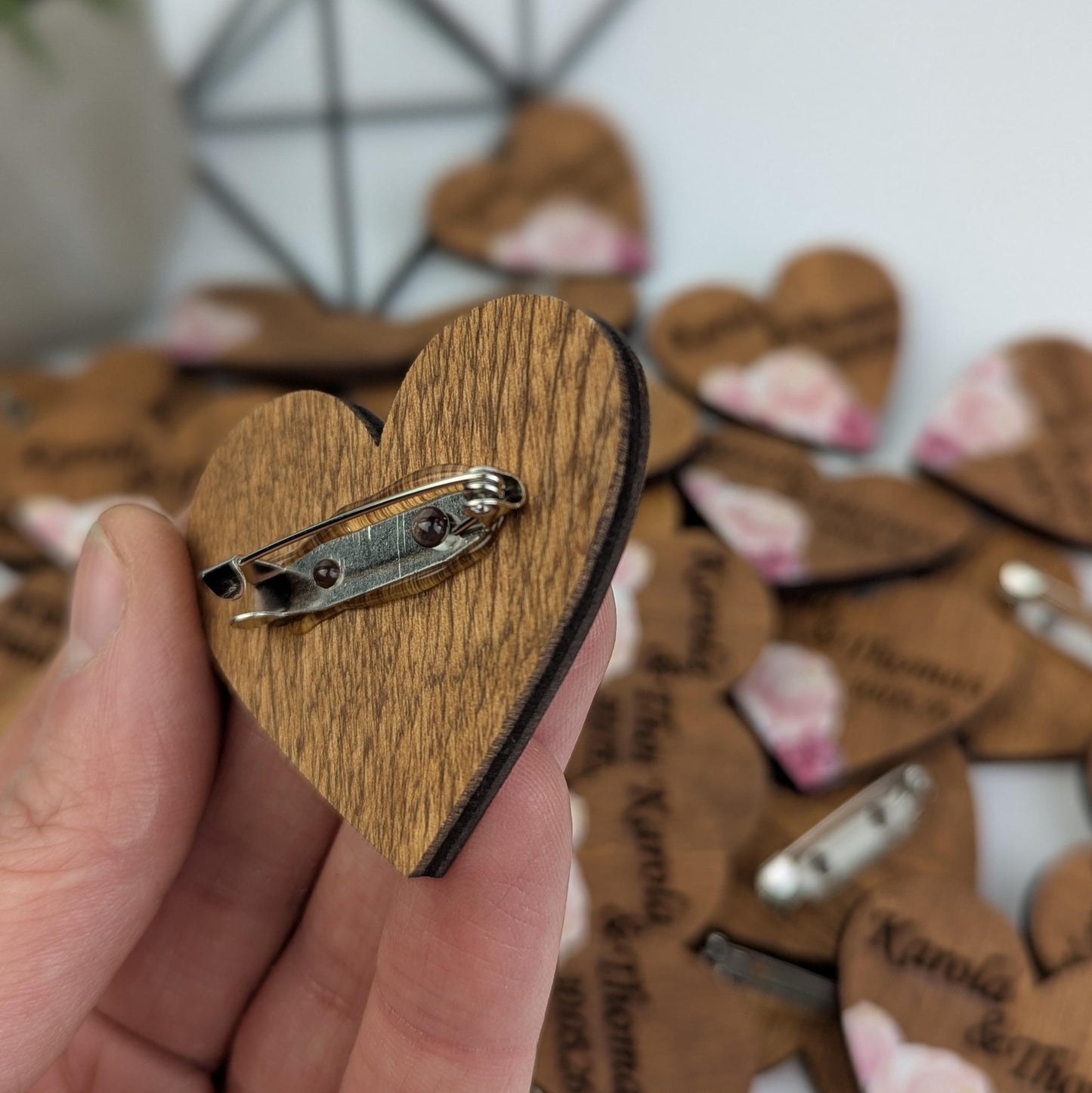 Floral Wedding Favor, Wooden Heart Boutonniere, Peony Pin, Unique Save the Date, Pocket Boutonniere