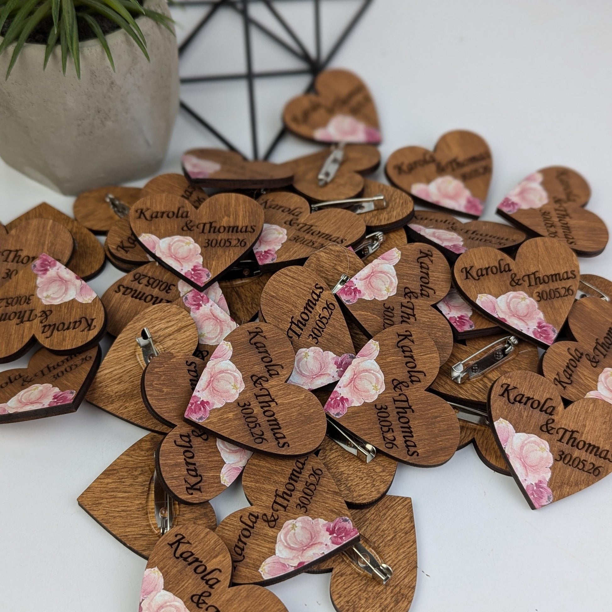 Floral Wedding Favor, Wooden Heart Boutonniere, Peony Pin, Unique Save the Date, Pocket Boutonniere
