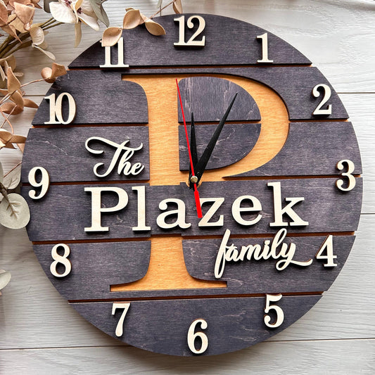 Personalized 3D wooden clock, family name clock, 1st anniversary gift, сlock for couple, personalized wedding gift, home gift for family