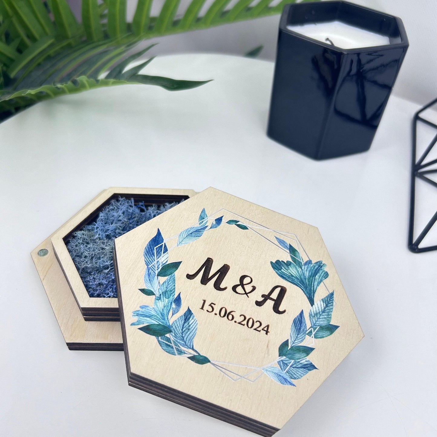 Custom wedding ring holder, ring bearer ring box, hexagon ring holder, double slot ring box, ceremony ring holder, ring box with names