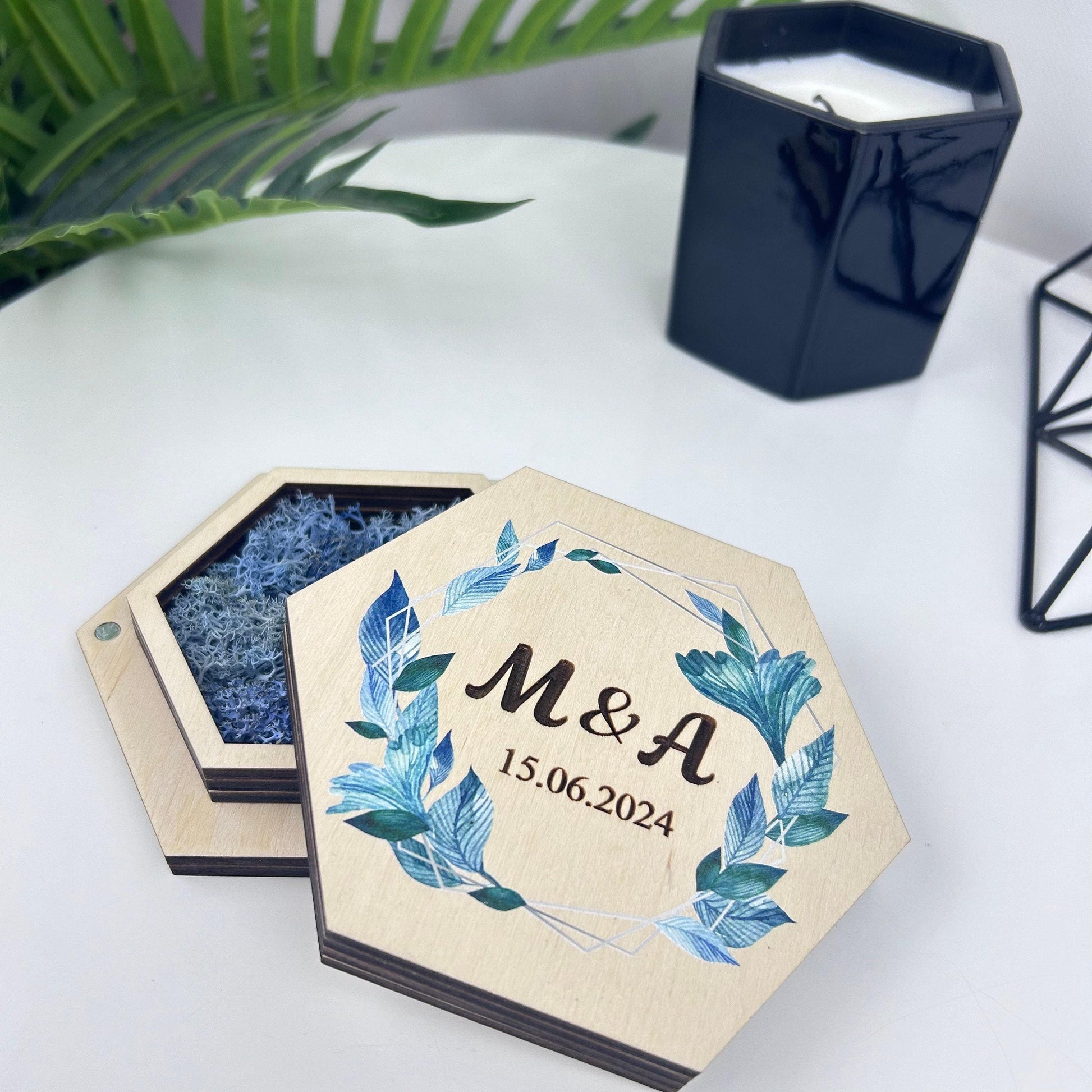Custom wedding ring holder, ring bearer ring box, hexagon ring holder, double slot ring box, ceremony ring holder, ring box with names