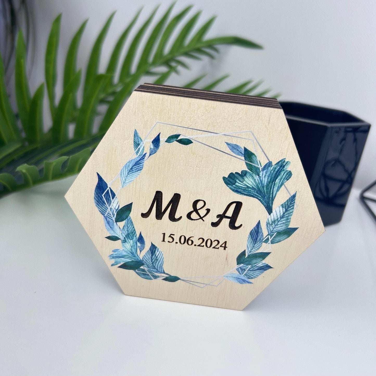 Custom wedding ring holder, ring bearer ring box, hexagon ring holder, double slot ring box, ceremony ring holder, ring box with names