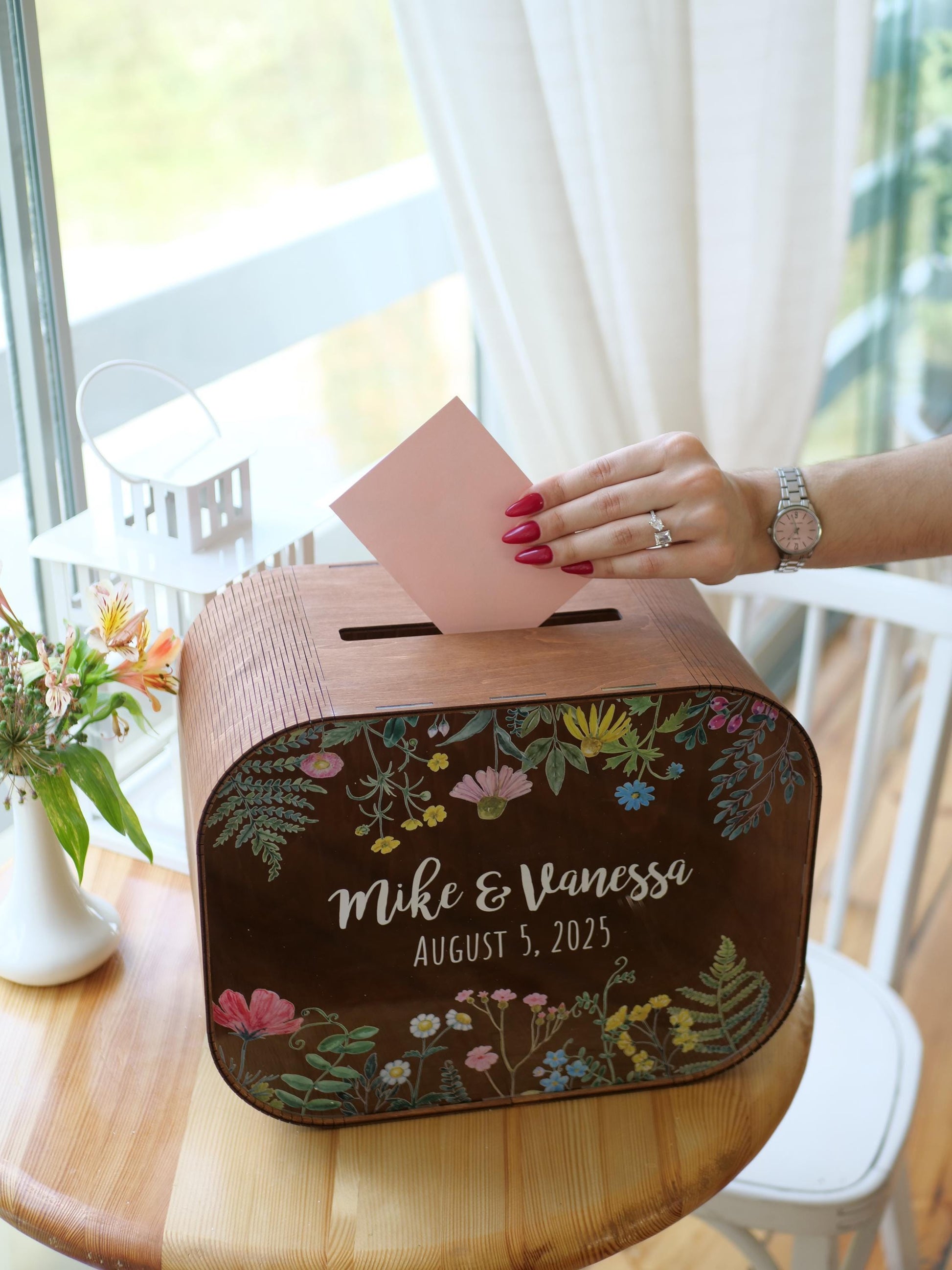 Wildflower wood card box, card box for wedding, personalized wood card box, card box with slot, wedding card holder, bridal floral post box