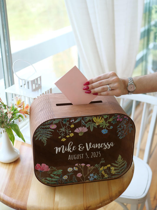 Wildflower wood card box, card box for wedding, personalized wood card box, card box with slot, wedding card holder, bridal floral post box