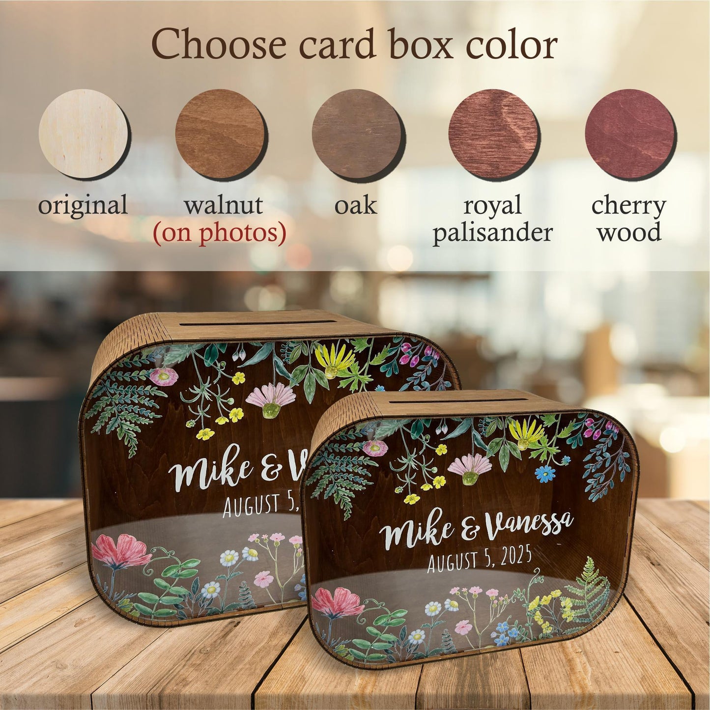 Wildflower wood card box, card box for wedding, personalized wood card box, card box with slot, wedding card holder, bridal floral post box