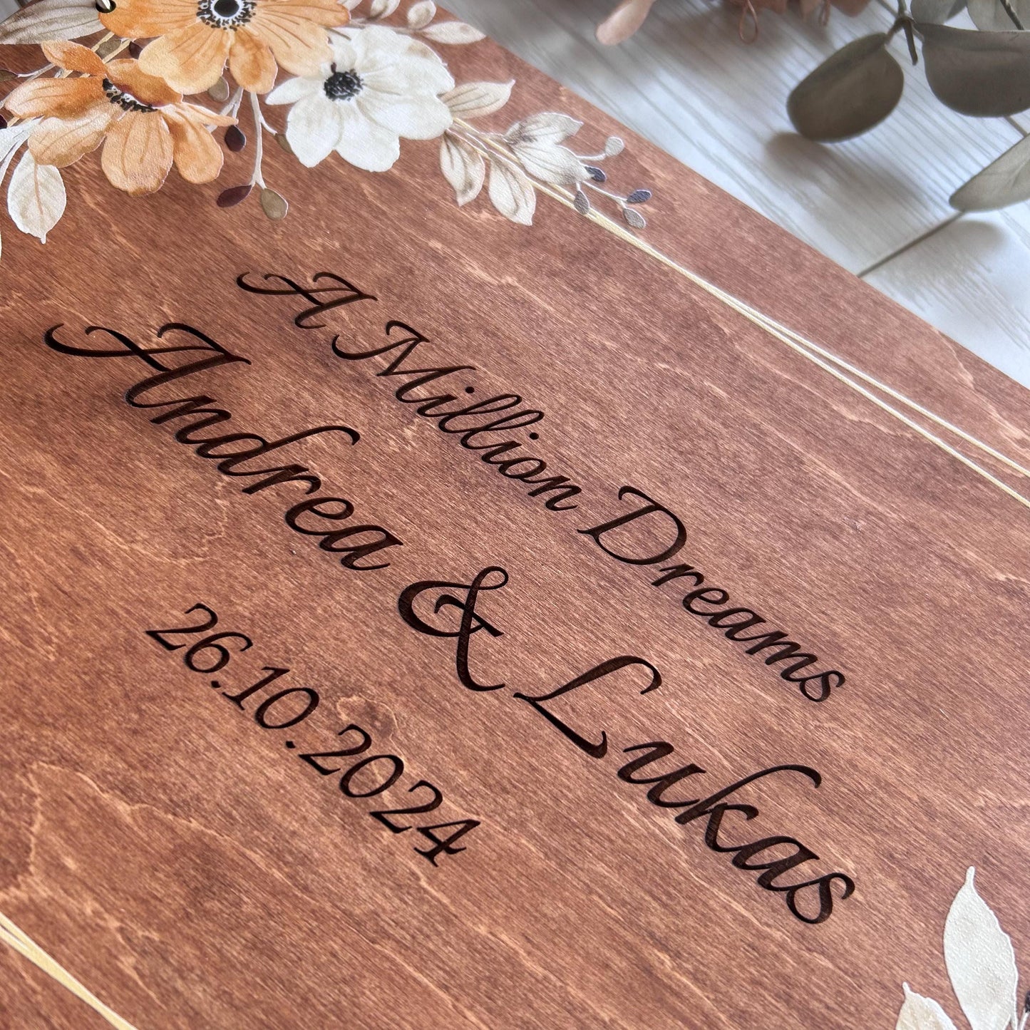 Custom autumn wedding book, wedding organizer, rust orange flowers, burnt orange book, minimalist fall flower wood book, wedding decor