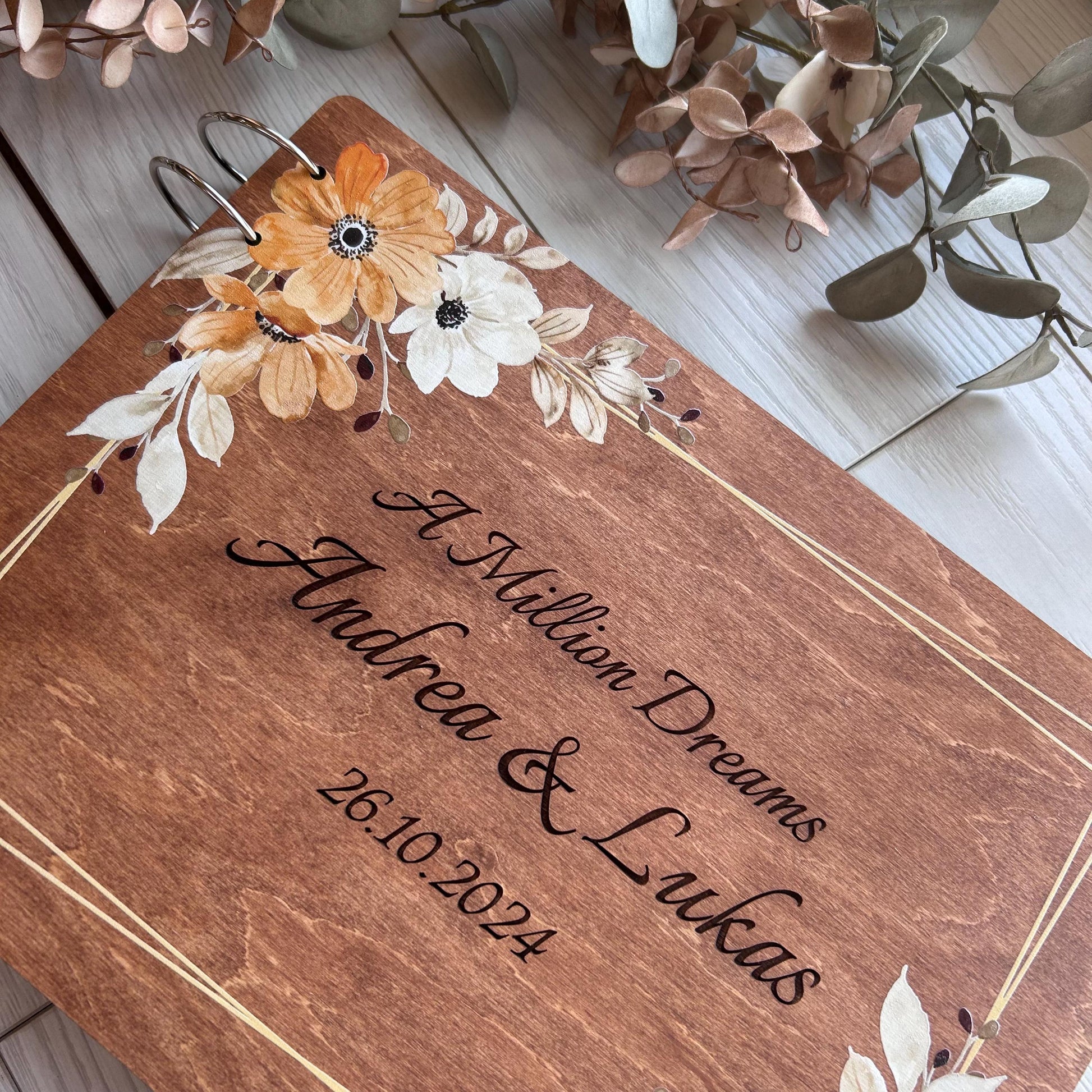 Custom autumn wedding book, wedding organizer, rust orange flowers, burnt orange book, minimalist fall flower wood book, wedding decor