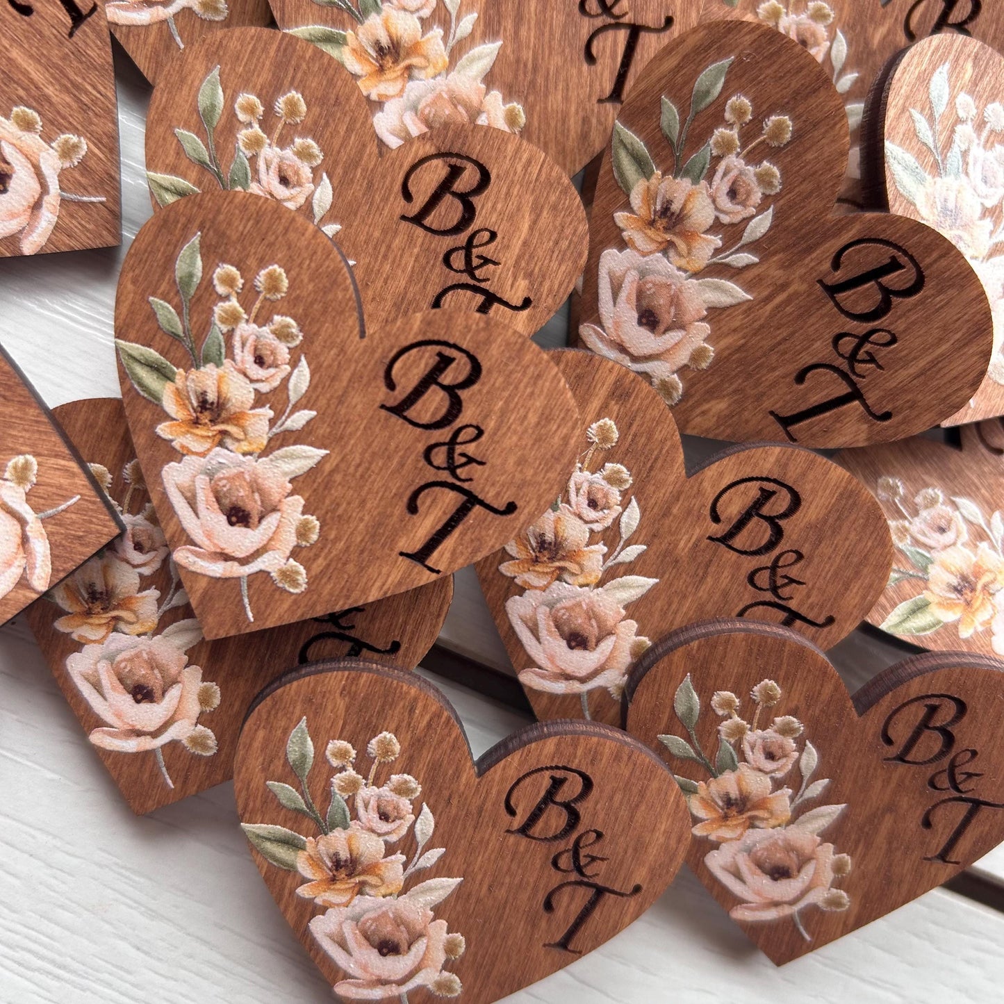 Rustic autumn wedding guests boutonnieres, wooden heart name badges, personalized name lapel pins in bulk, rust orange flowers brooch