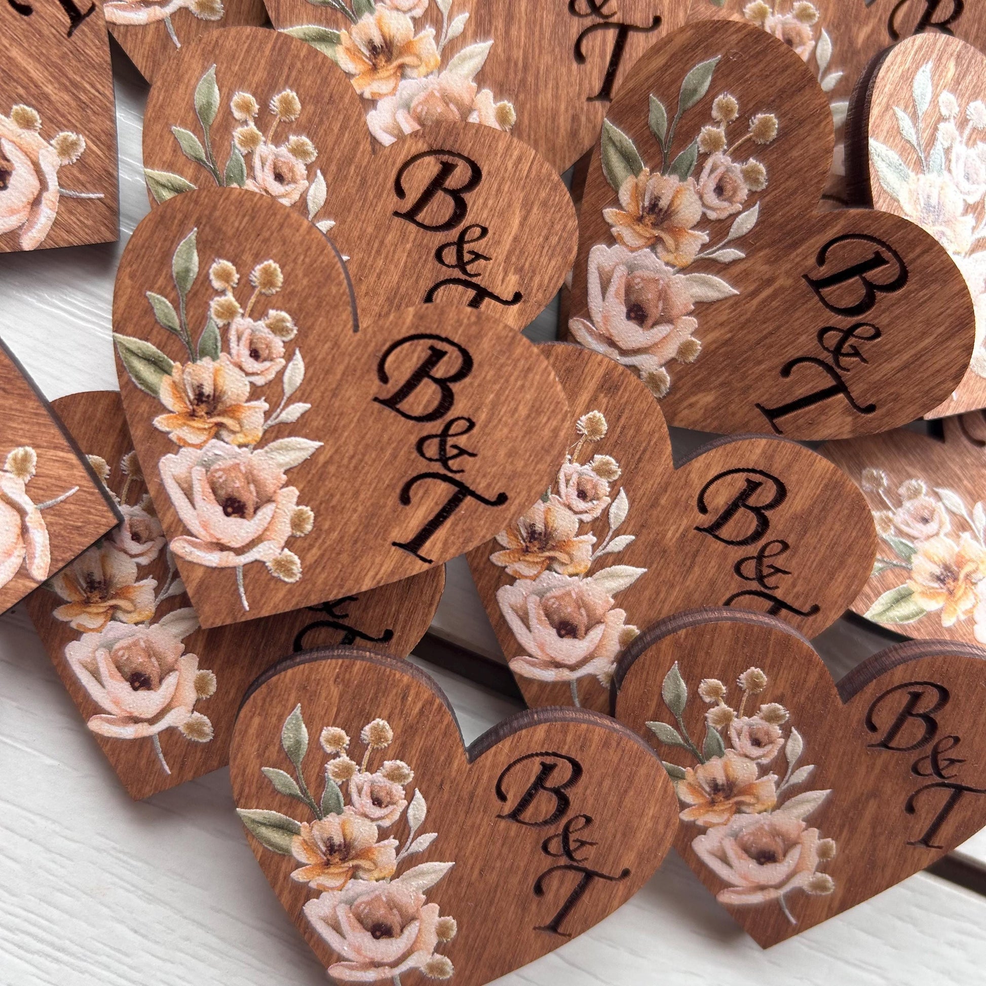 Rustic autumn wedding guests boutonnieres, wooden heart name badges, personalized name lapel pins in bulk, rust orange flowers brooch