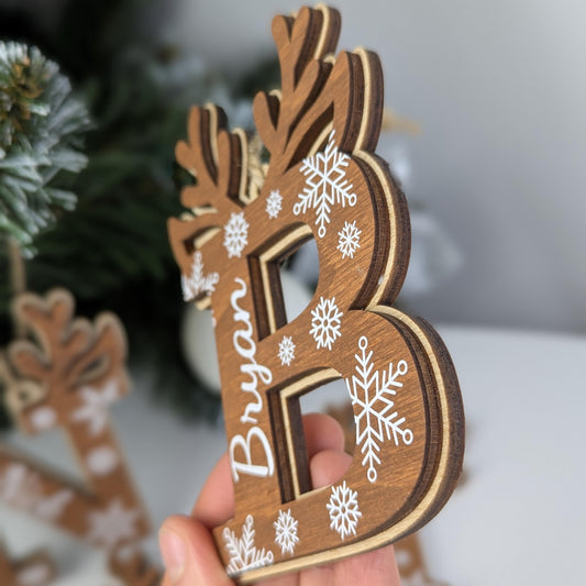 Initial Ornament, Custom Monogram Name Tags & Reindeer Decor