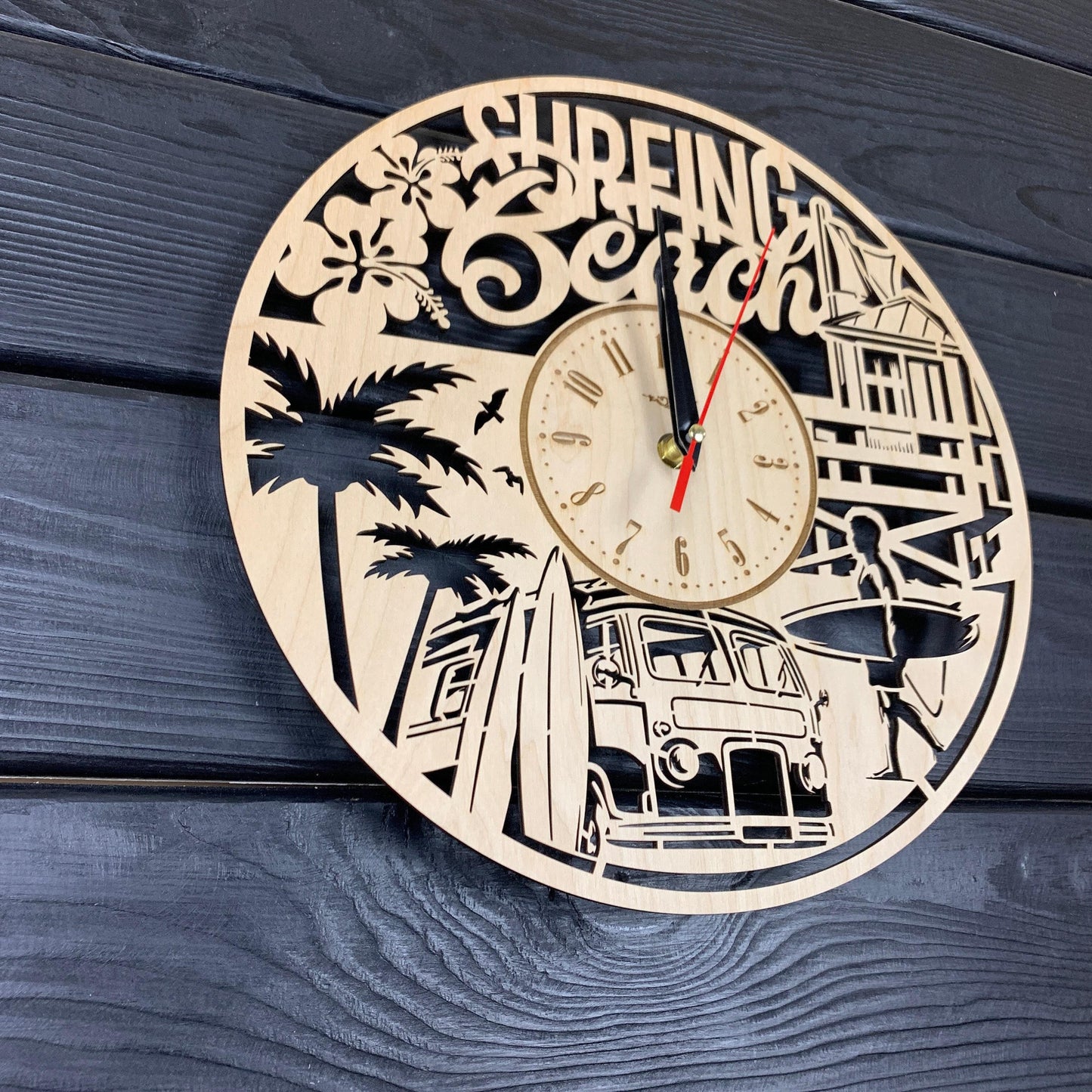 Surfing Beach Wall Clock Wood Gift Surfing Lovers Best Gift 5th Anniversary Personalize Surfing Poster Wood Hanging Custom Surfing Cutout