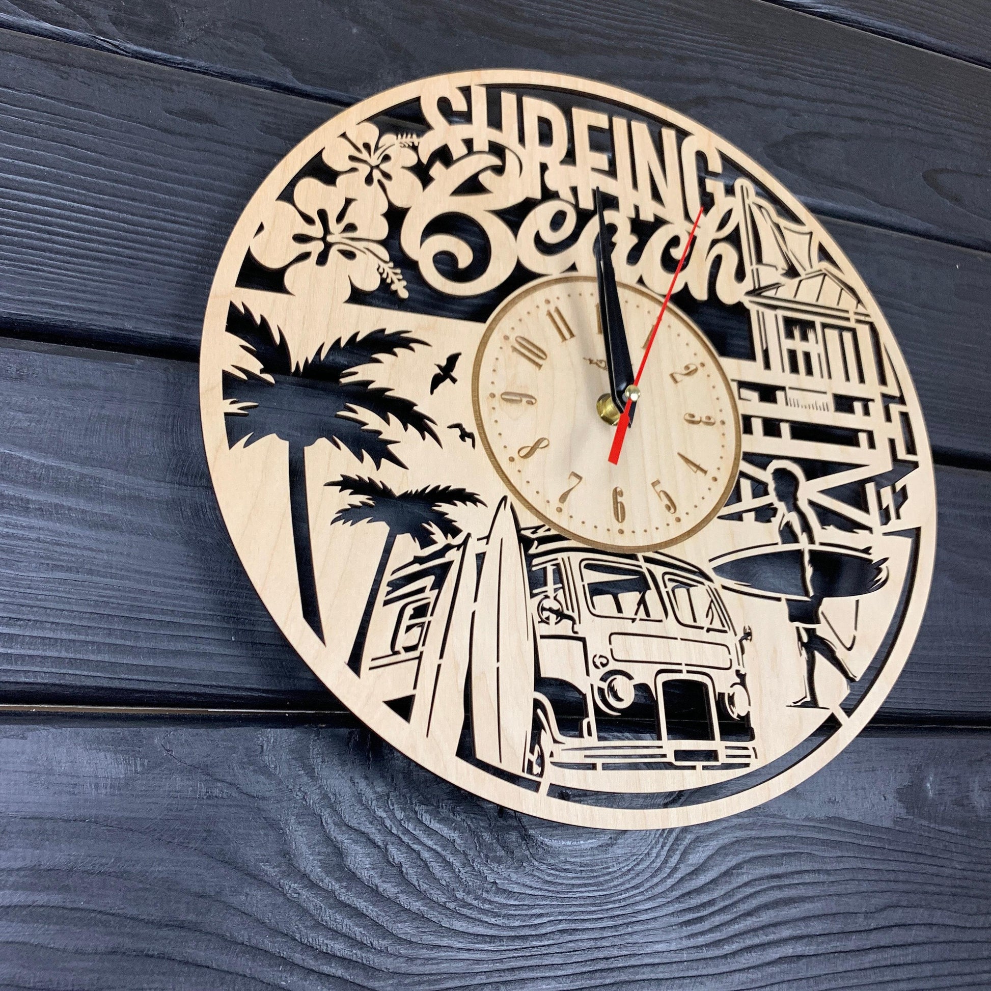 Surfing Beach Wall Clock Wood Gift Surfing Lovers Best Gift 5th Anniversary Personalize Surfing Poster Wood Hanging Custom Surfing Cutout