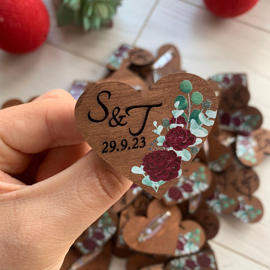 Rustic wedding heart shaped boutonnieres, wooden burgundy boutonniere, wedding gift guest, wooden hearts, guest boutonnieres