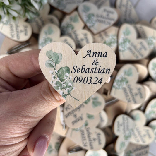 Wedding favors for guest, custom wedding pins, wooden heart boutonniere