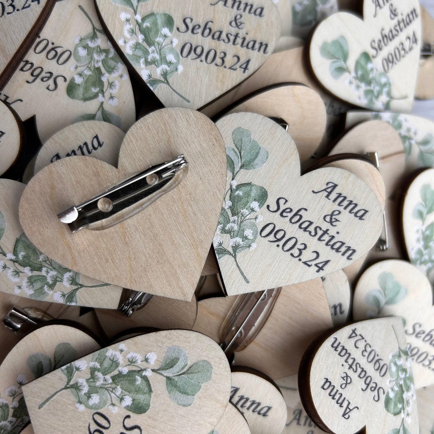 Wedding favors for guest, custom wedding pins, wooden heart boutonniere