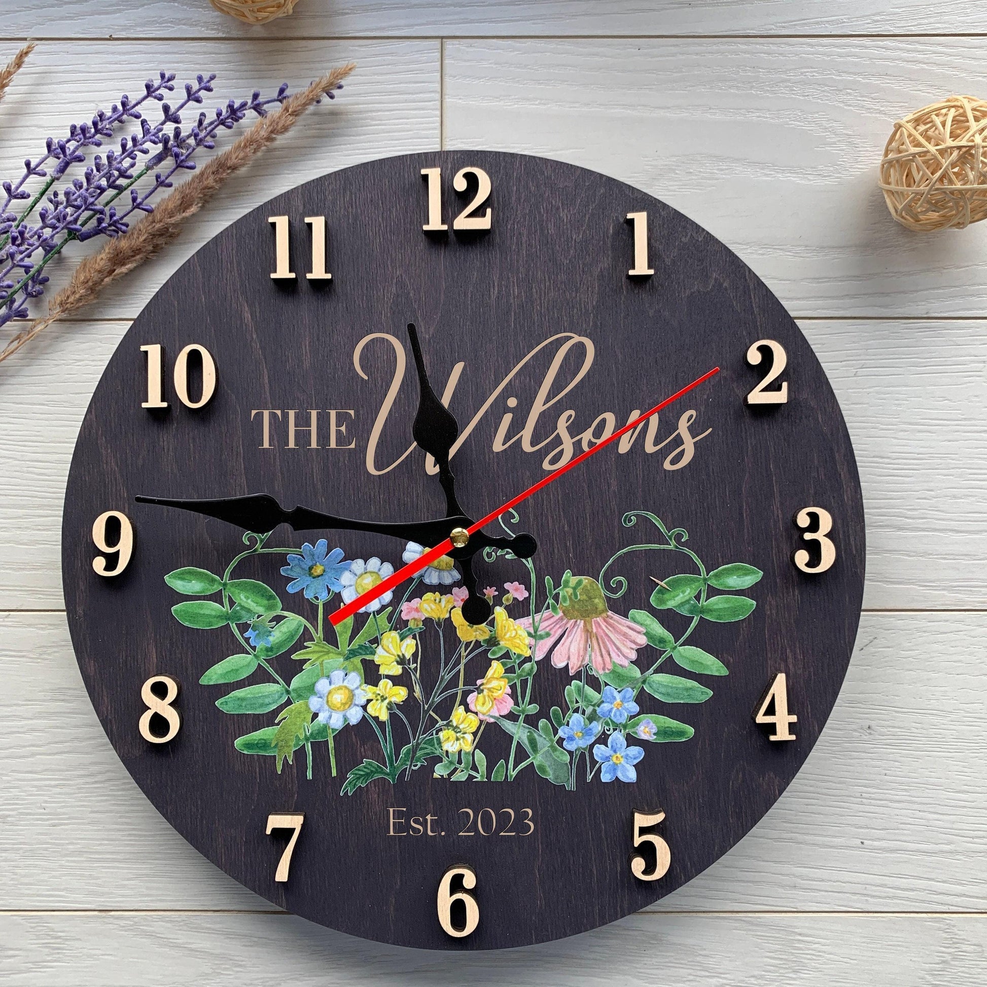 Family Name Clock, Personalized Wood Wall Clock & Wildflower Decor