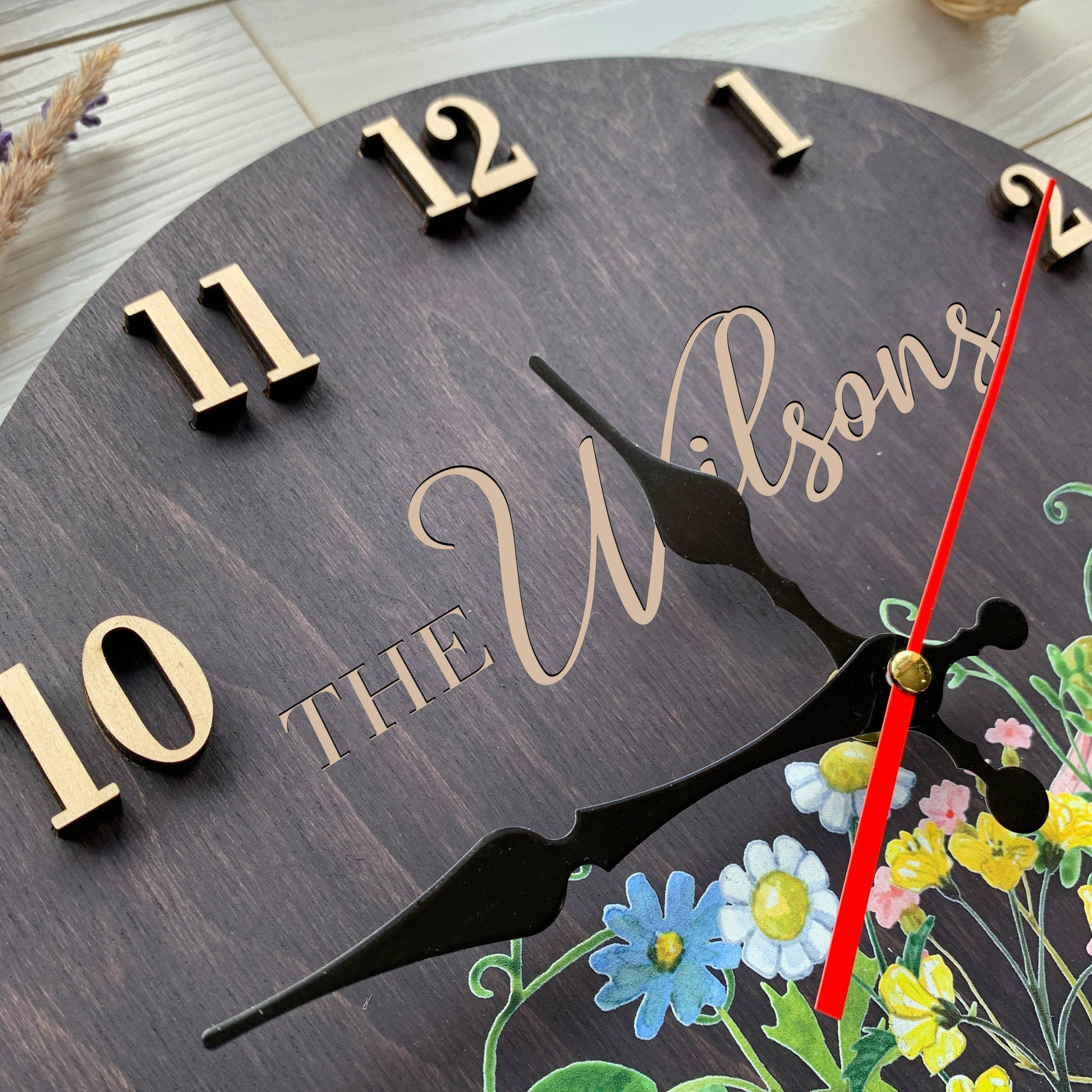 Family Name Clock, Personalized Wood Wall Clock & Wildflower Decor