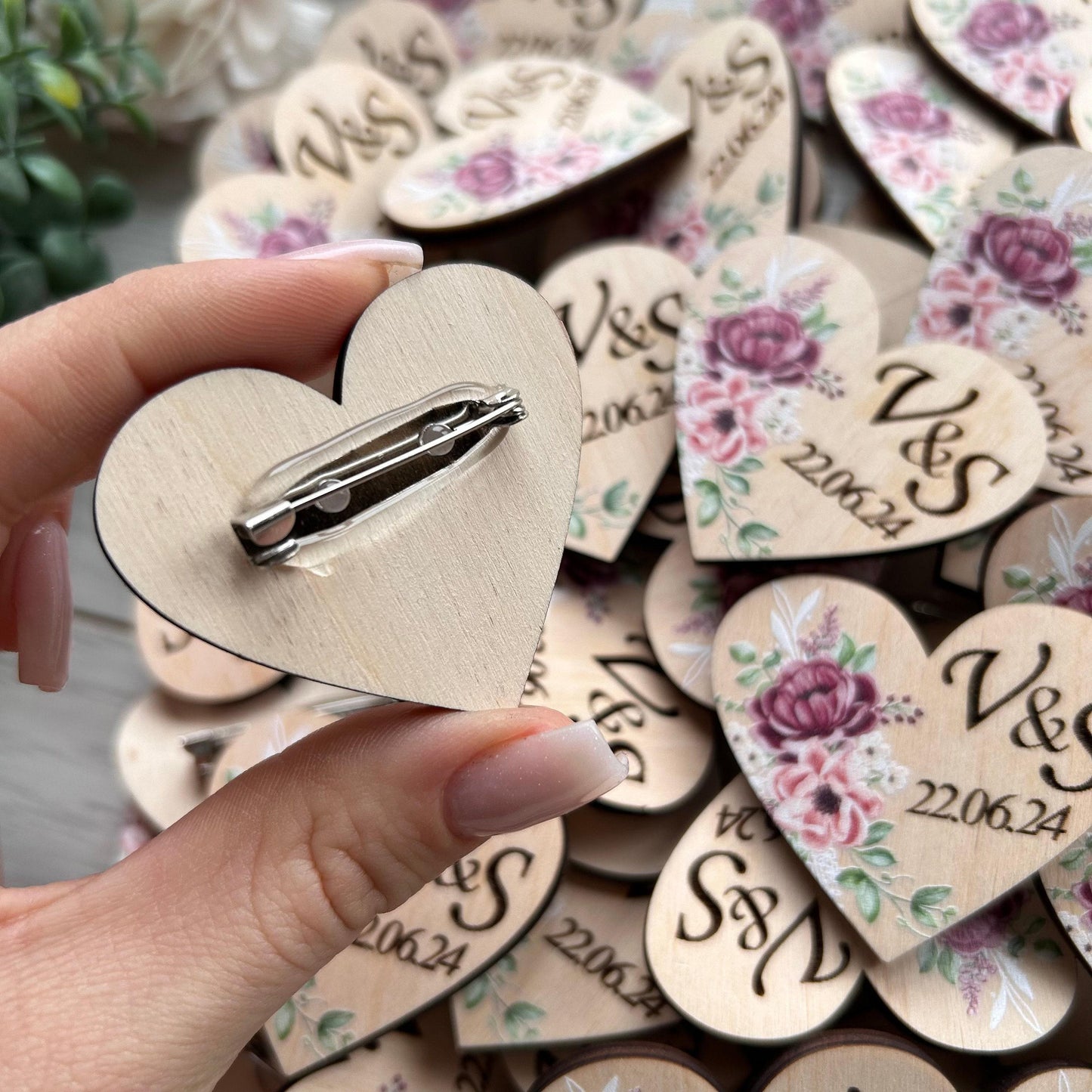 Personalized Wedding Lapel Pin, Heart Boutonniere With Custom Name, Wooden Guest Favors