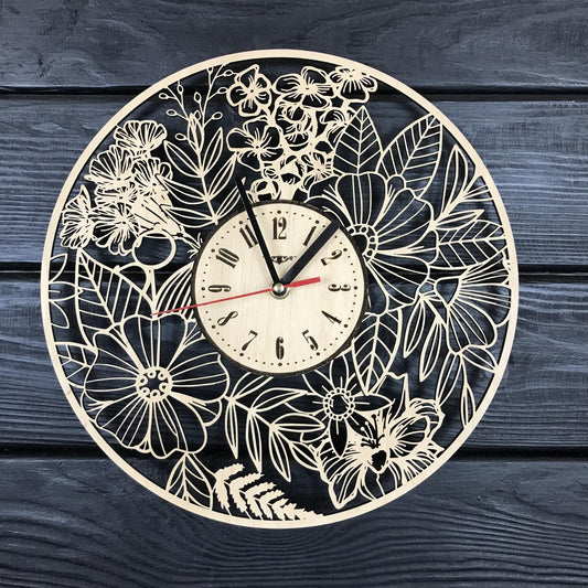 Flower Wall Clock, Rustic Wood Decor, Silent Non Ticking, Boho Wildflower Art, Farmhouse Style
